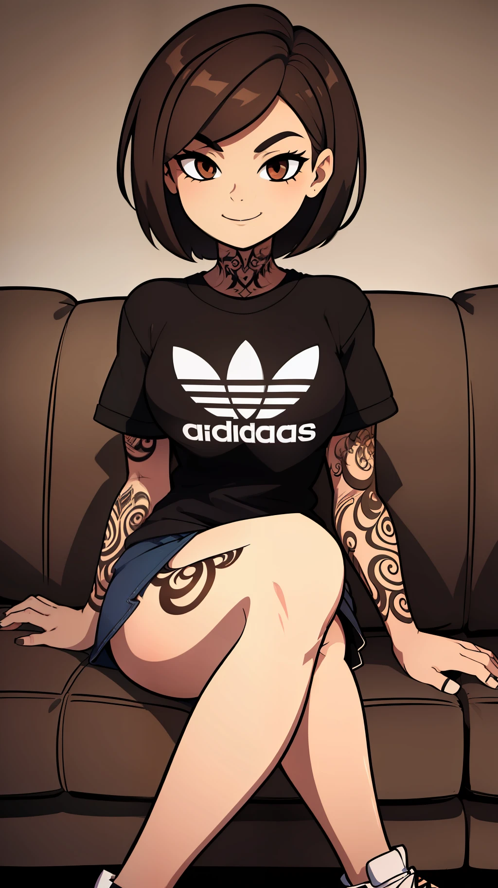 Masterpiece: 1.2), 1girl, with brown eye, short brown hair, hairstyled, ((tattooed skin)), with face of an 18-year-old, (smile), short shirt(Adidas: 1.0), wearing a mini skirt, small breasts, curved butt, wide hip, sitting on the sofa, seductive, (wallpaper: living room sofa, ultra resolution, 8k, sharp focus