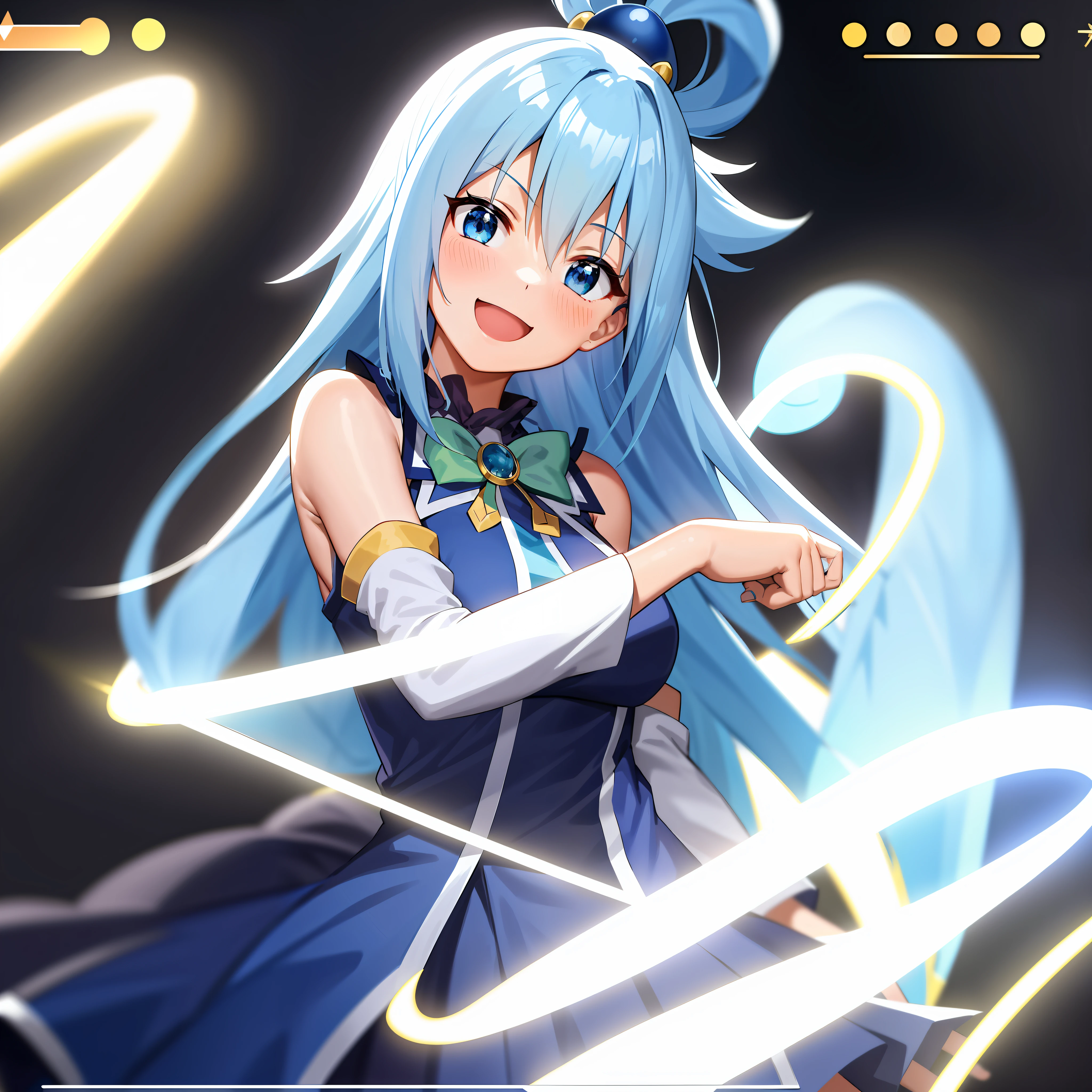 ,anime screencap,anime coloring,
1girl, long hair, solo,open mouth,smile,upper body,head tilt, blue hair, blue eyes, detached sleeves, black background, hair ornament,simple background, bare shoulders, single hair ring,green bow, looking at viewer, blue shirt,