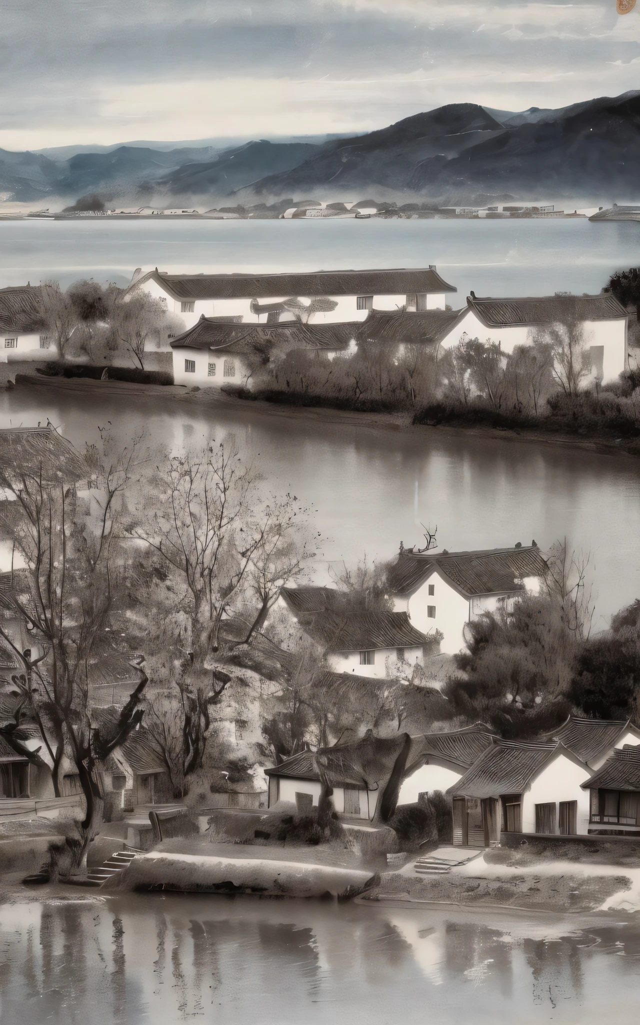 scenery, city, water, river, building, mountain, watercraft, bridge, cityscape, house, cloud, sky, ocean, beach, tree, no_humans