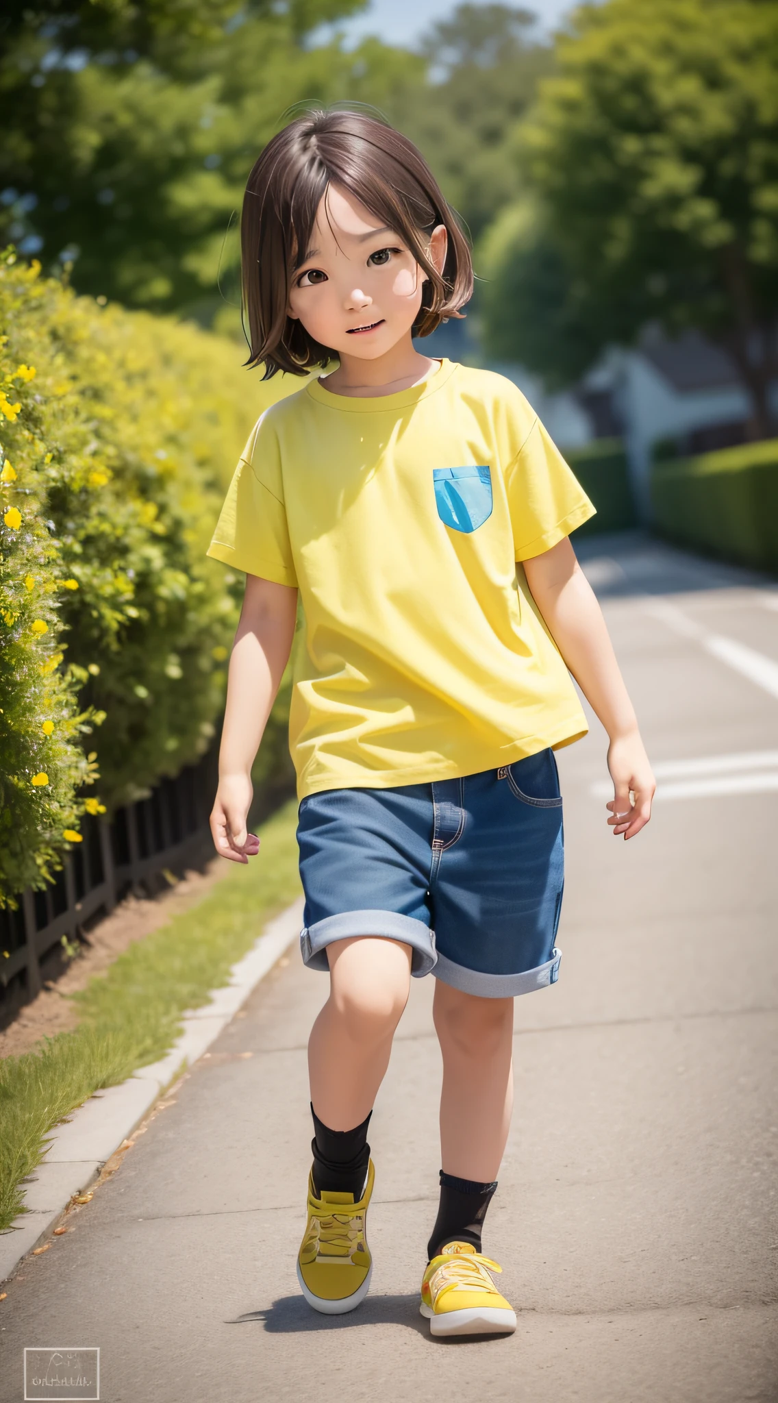 ((masterpiece, best quality)), (complex light), 1boy, full body, solo, , brown hair, blue shirt, yellow shorts, walking, (in the picture ratio 1:2), play with a birthday ball, low angle shot, joy, perfect quality, clear focus, (Masterpiece: 1.2) (Realistic: 1.2) (Bokeh) (Best quality) (Detailed skin: 1.3) (Intricate details) (8K) (Detail eyes) (Sharp focus), (Happy)