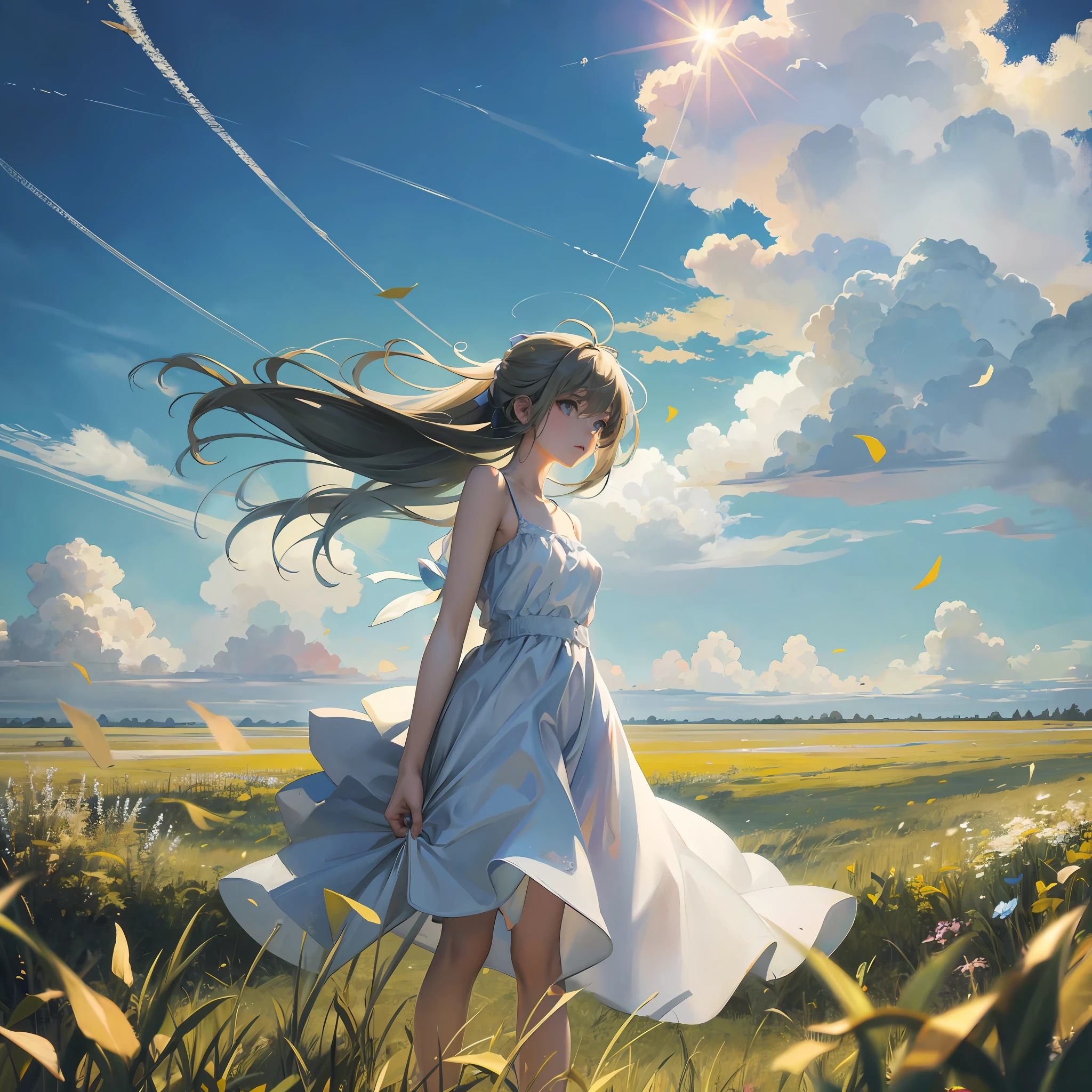 meadow, blue sky, white cumulonimbus, contrails, shining sun, meadow grass swaying in the wind, photo quality, live action, reality, transparency, realistic depiction, 8K quality, UHD, DSLR, high quality, film grain, fujifilm XT3, girl in white camisole dress, standing figure, barefoot, hair swaying in the wind, hair up to shoulders, big, big eyes,