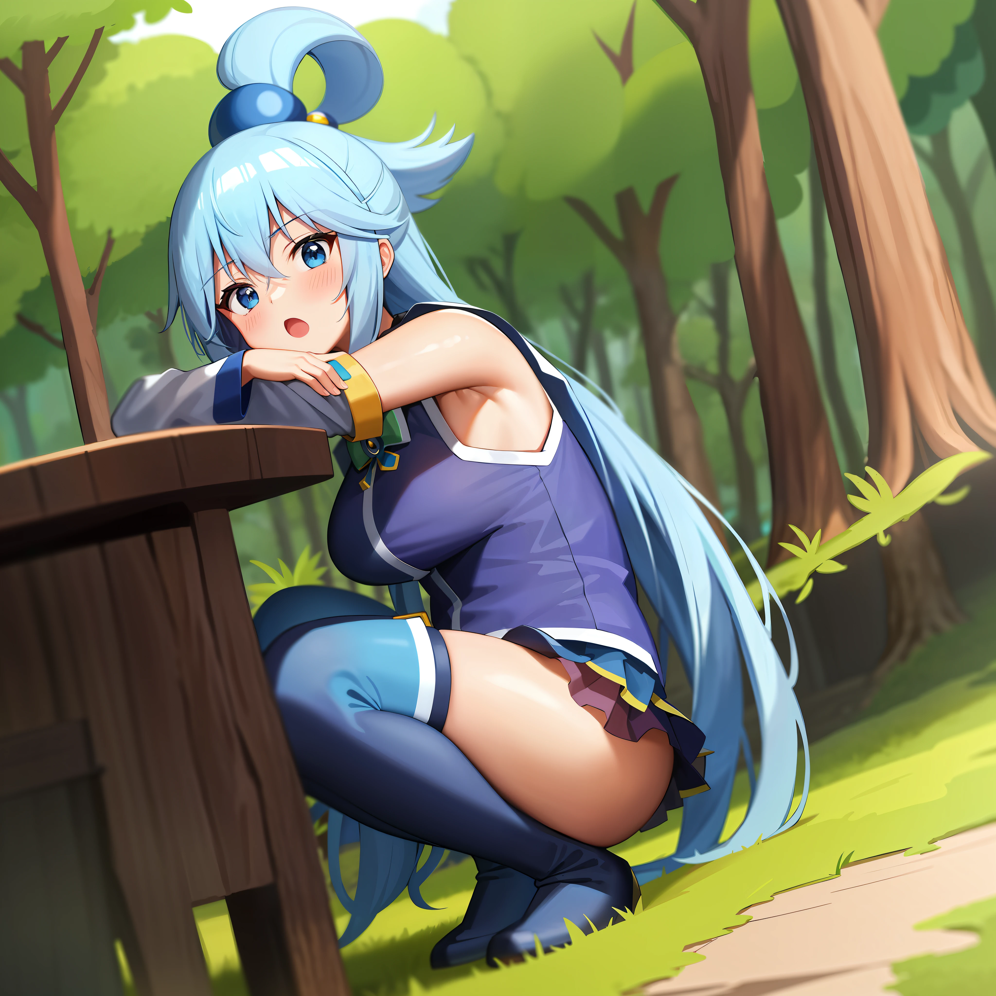 aqua \(konosuba\), 1girl, solo, (squatting), leaning forward, skindentation,, legs apart, no panties, (fisheye), thighs, head rest, blue eyes, blue footwear, blue hair, blue thighhighs, boots, breasts, white detached sleeves, hair ornament, hair rings, long hair, single hair ring, skirt, thigh boots, very long hair, kono subarashii sekai ni shukufuku wo!, grassland, creek, trees, dappled light, sky, full-face blush, open mouth, :o, surprise, shy, from below, looking at viewer, (knees together feet apart)