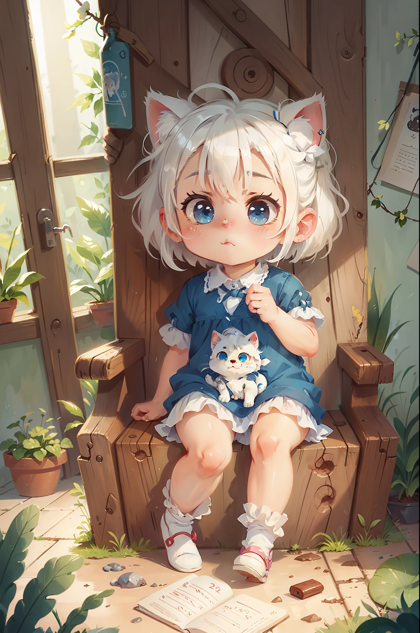 A kitten, white hair, cute, chibi, blue eyes