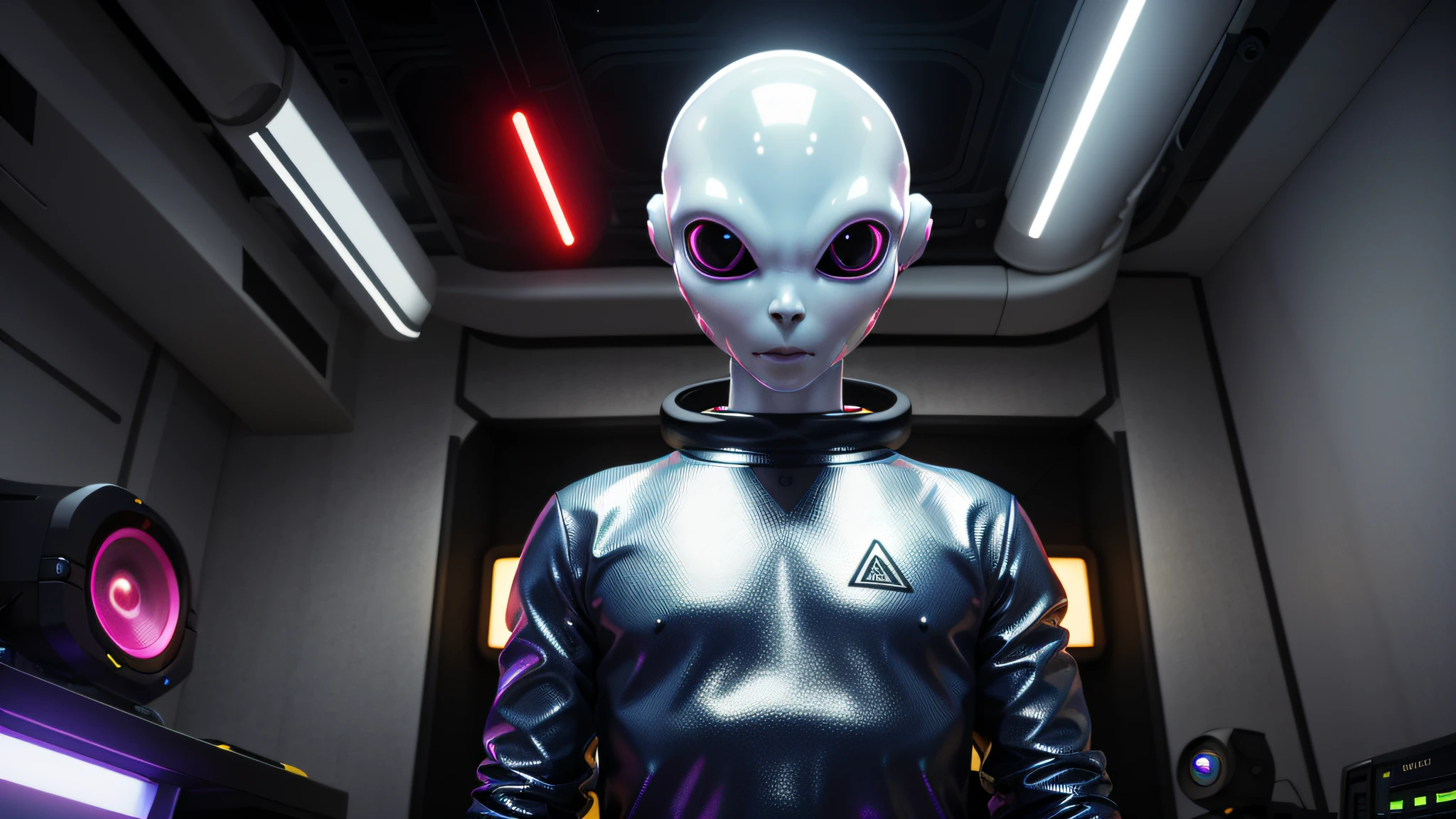 An alien, with albino and realistic skin, large head, short and thin neck, very large eyes and all black, which reflects the local lighting, a nose similar to that of humans but small, a mouth similar to that of humans but small, the body is thin and thin, the alien wears a white sleeve shirt with a letter made of small silver that appears to the right represented within a triangle of the same size, the clothing is inspired by the clothes used for surfing, the color to be used is red, pink chock and blue, as well as details of the environment, and manufactured with neoprene fabric, it is possible to notice a silver necklace hanging from his neck, with a pinjente in the triangular shape with an eye that sees everything in the center as a symbol. the alien is in a recording studio whose scenery is minimalist and features a gray background in gradient hue to circular white, the camera captures the image from the waist up, the alien presents friendly and light expressions, the alien interact with the camera always with a slight smile of satisfaction and tranquility,  The skin used and all the elements are of extreme realism, especially the skins, the lighting is an illumination inspired by the 80s.