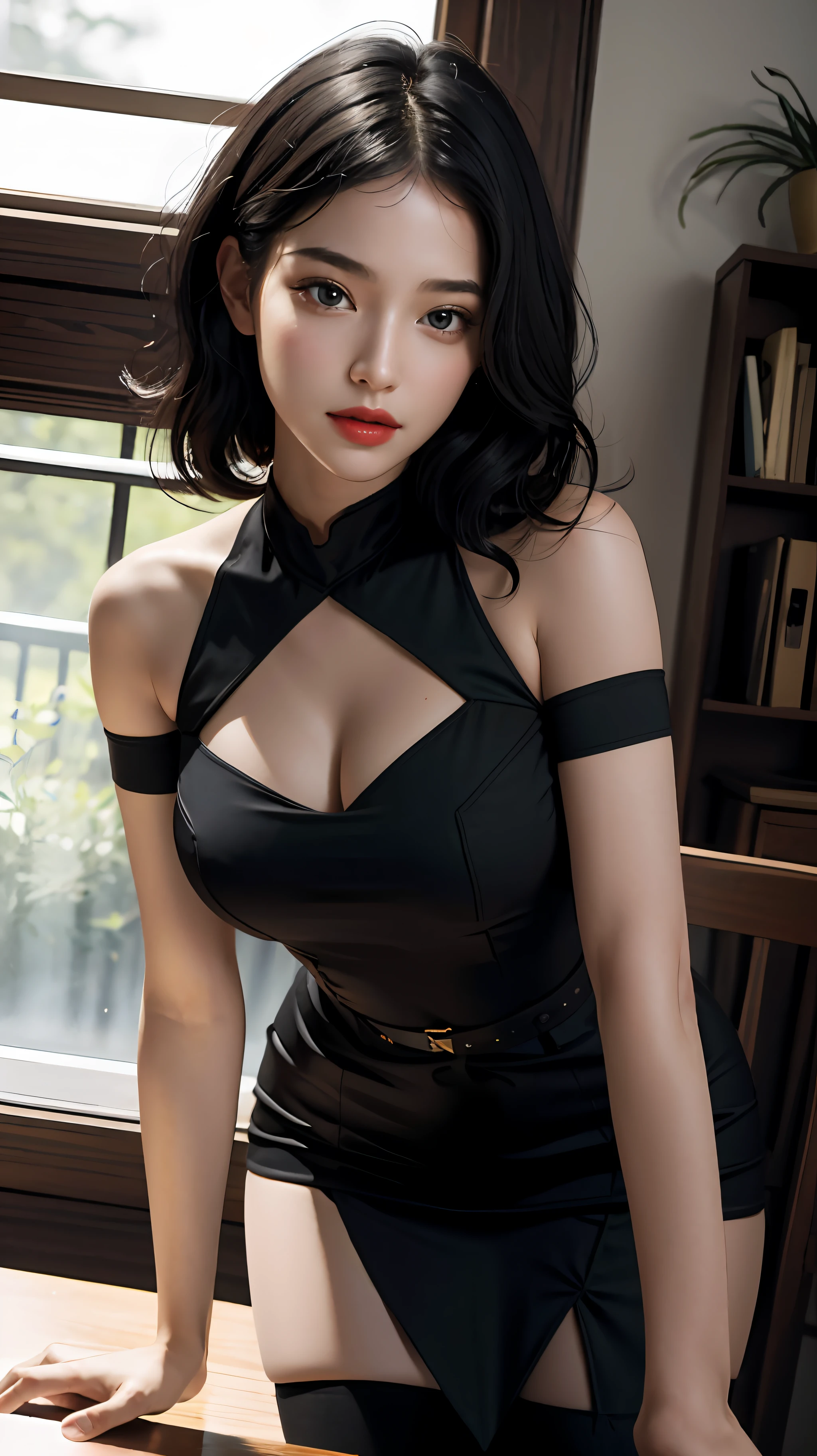 ultra realistic 8k cg, picture-perfect face, flawless, clean, masterpiece, professional artwork, 1girl, famous artwork, cinematic lighting, cinematic bloom, perfect face, beautiful face, beautiful eyes, ((perfect female body, narrow waist)), female, bent over desk, red long dress, black stockings, focus legs, milf, short black hair