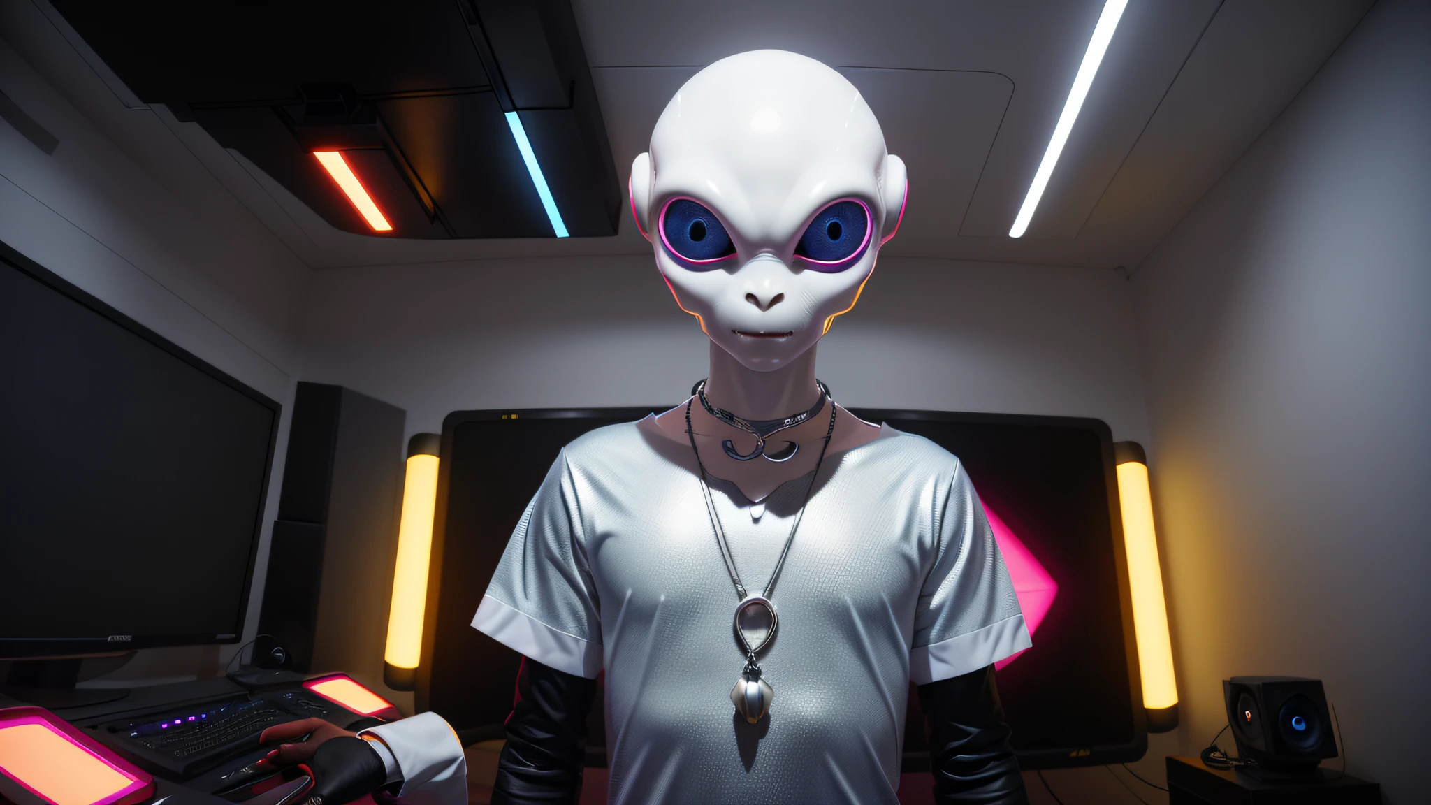 An alien, with albino and realistic skin, large head, short and thin neck, very large eyes and all black, which reflects the local lighting, a nose similar to that of humans but small, a mouth similar to that of humans but small, the body is thin and thin, the alien wears a white sleeve shirt with a letter made of small silver that appears to the right represented within a triangle of the same size, the clothing is inspired by the clothes used for surfing, the color to be used is red, pink chock and blue, as well as details of the environment, and manufactured with neoprene fabric, it is possible to notice a silver necklace hanging from his neck, with a pinjente in the triangular shape with an eye that sees everything in the center as a symbol. the alien is in a recording studio whose scenery is minimalist and features a gray background in gradient hue to circular white, the camera captures the image from the waist up, the alien presents friendly and light expressions, the alien interact with the camera always with a slight smile of satisfaction and tranquility, The skin used and all the elements are of extreme realism, especially the skins, the lighting is an illumination inspired by the 80s.