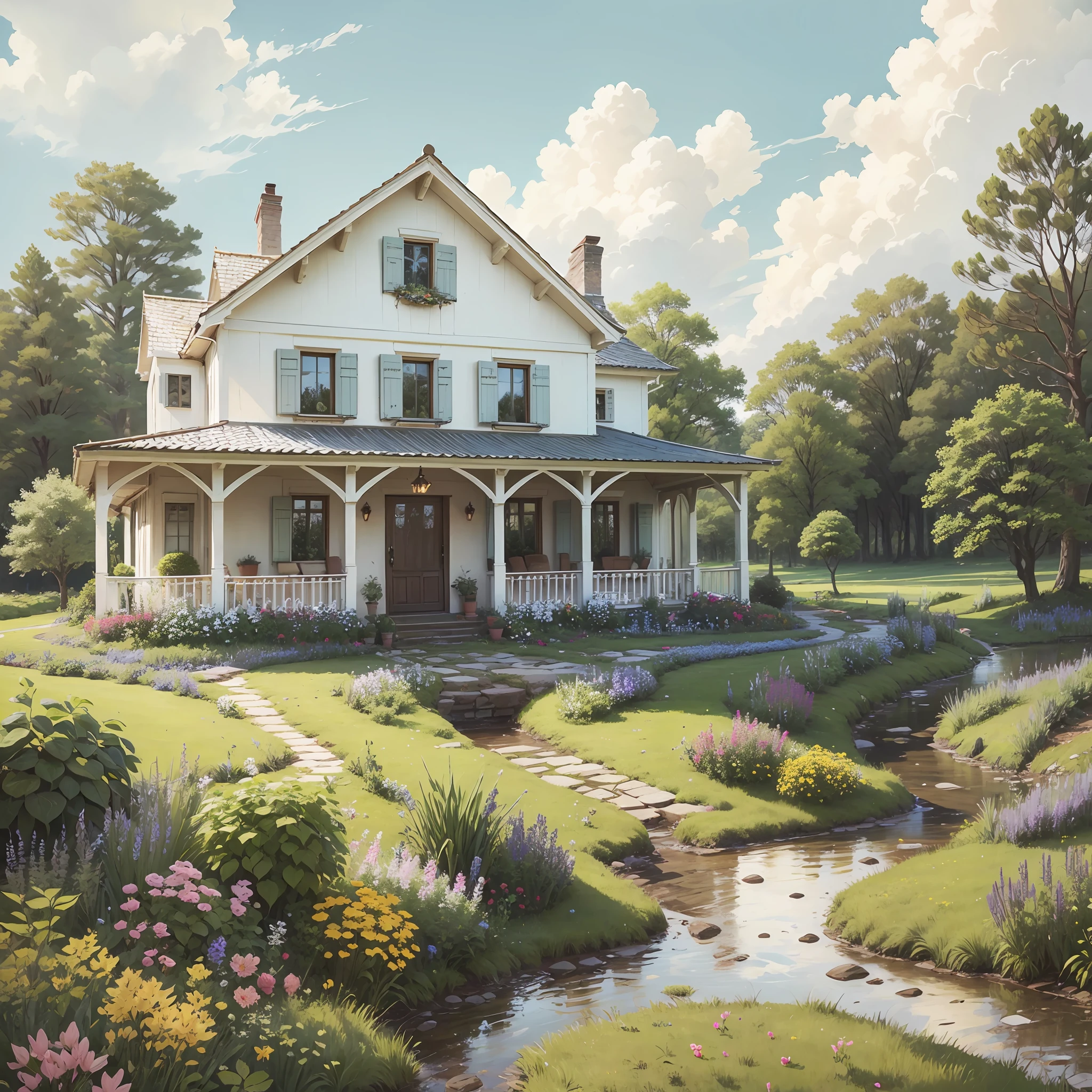 Country house, trees, grass, stream, flowers, windows, doors --auto --s2