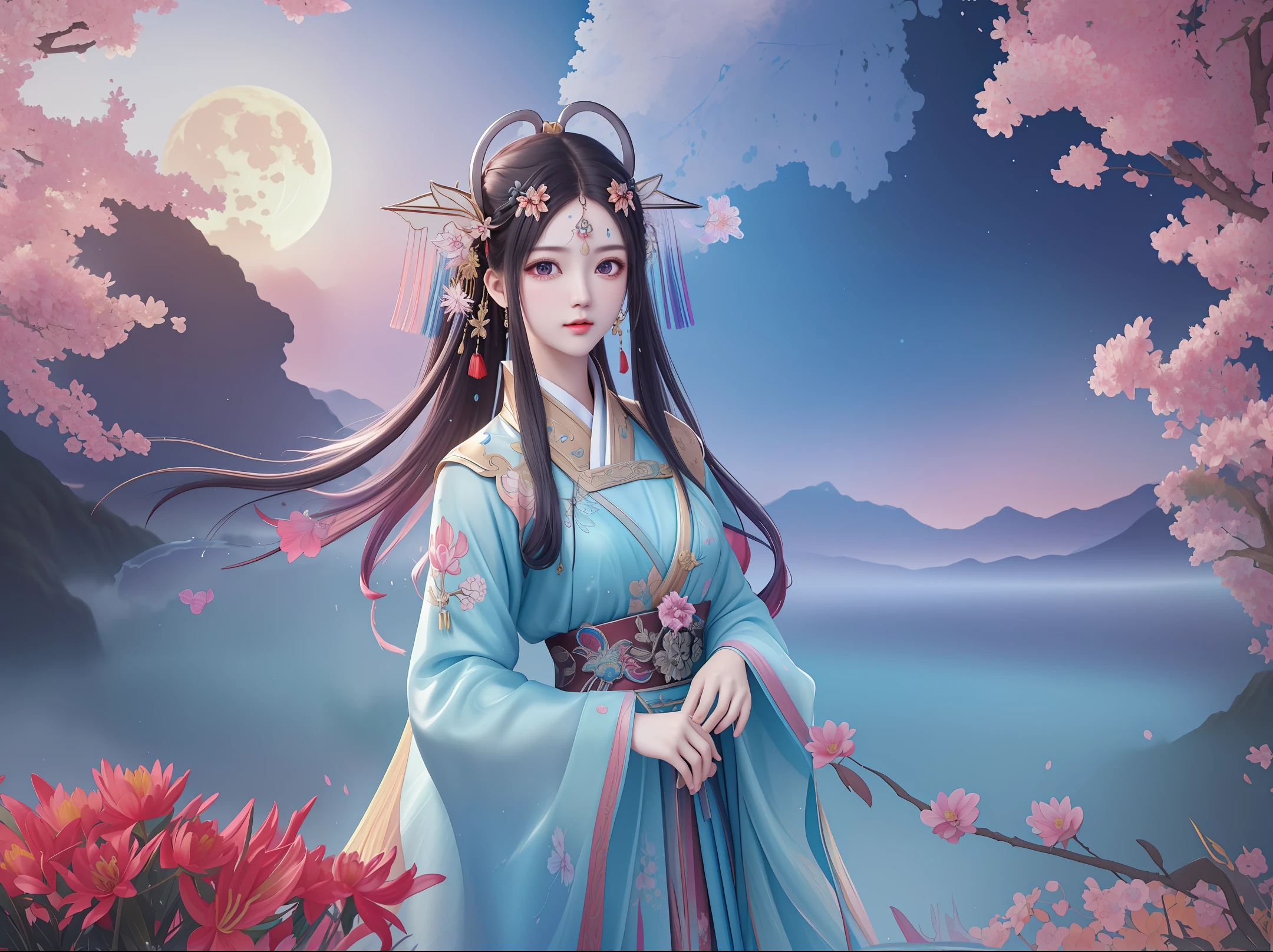 (8k, RAW photo:1.2),best quality, ultra high res,dramatic angle,(fluttered detailed color splashs), (illustration),(((1 girl))),(long hair),(rain:0.9),(hair ornament:1.4),there is an ancient palace beside the girl,chinese clothes,(focus on), color Ink wash painting,(color splashing),colorful splashing,(((colorful))),(sketch:0.8), Masterpiece,best quality, beautifully painted,highly detailed,(denoising:0.6),[splash ink],((ink refraction)), (beautiful detailed sky),moon,highly,detaild,(masterpiece, best quality, extremely detailed CG unity 8k wallpaper,masterpiece, best quality, ultra-detailed),(Lycoris radiata),