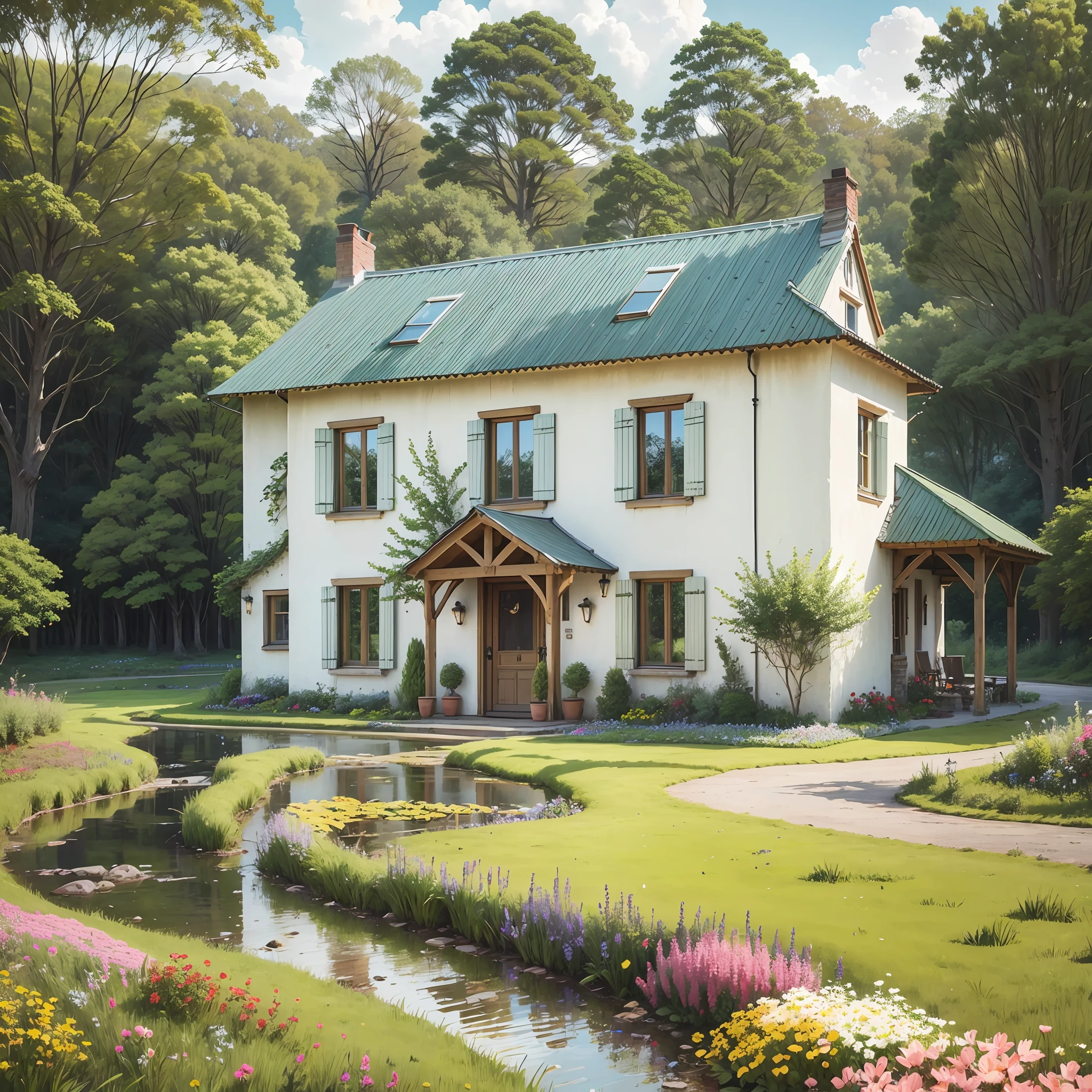Country house, trees, grass, stream, flowers, windows, doors --auto --s2