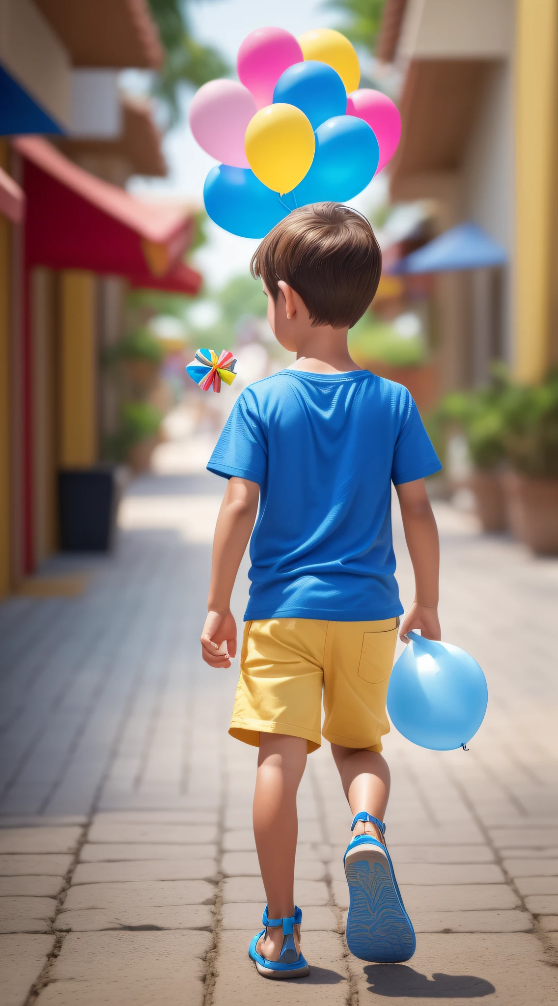 1boy, full body, solo, child, brown hair, blue shirt, yellow shorts, blue hawaii sandal, speed walking, hold a line and look for a Birthday Balloon, joy, worm view, low angle shot, perfect quality, high contrast, clear focus, (in the picture ratio 1:2), (Masterpiece: 1.2) (Realistic: 1.2) (Bokeh) (Best quality) (Detailed skin: 1.3) (Intricate details) (8K) (Detail eyes) (Sharp focus), (Happy), ((masterpiece, best quality)), (complex light)