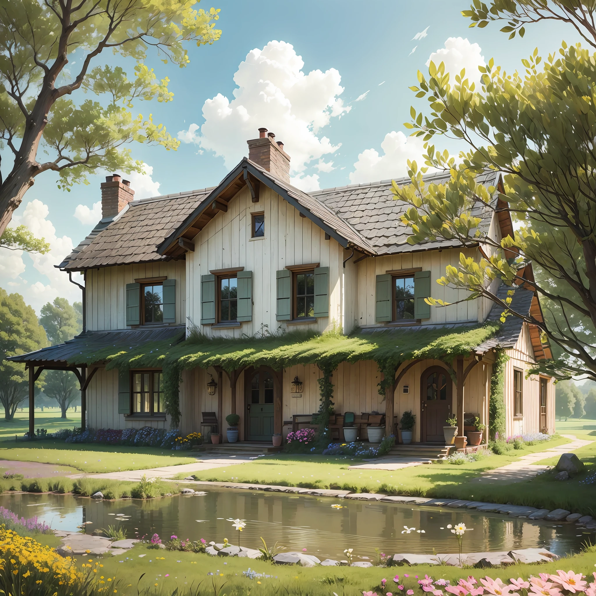 Country house, trees, grass, stream, flowers, windows, doors --auto --s2