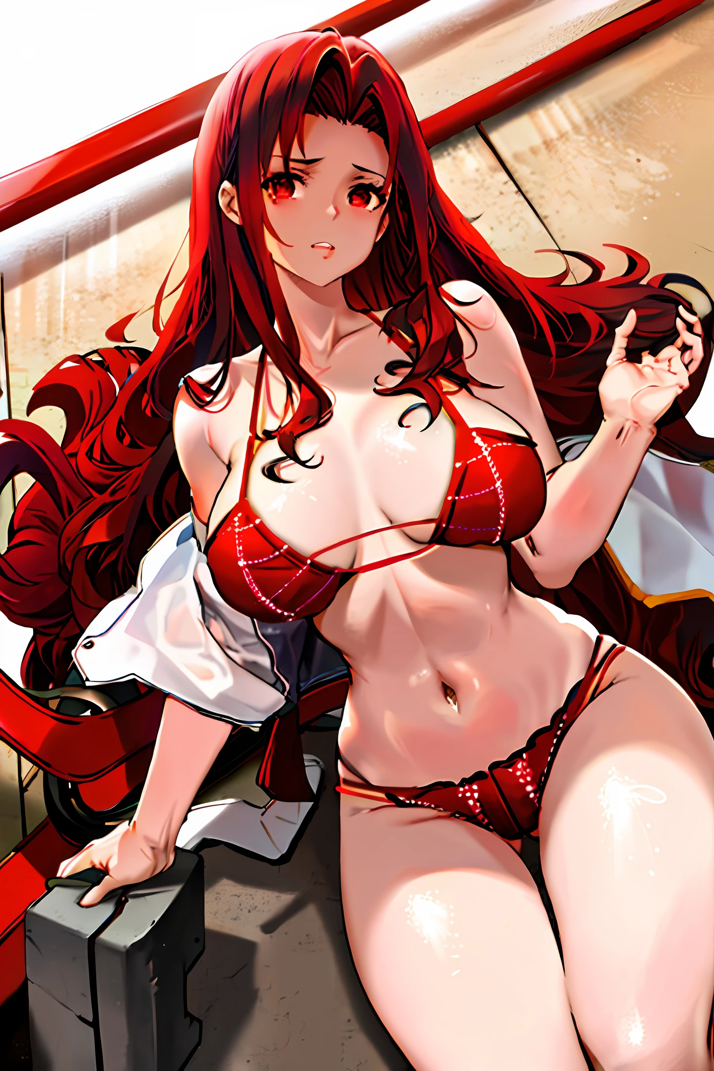 Girl 16 years, big breasts, breasts sticking out of bra, tiny bikini, red bra, shiny skin, dark red hair, long hair, hyper realistic