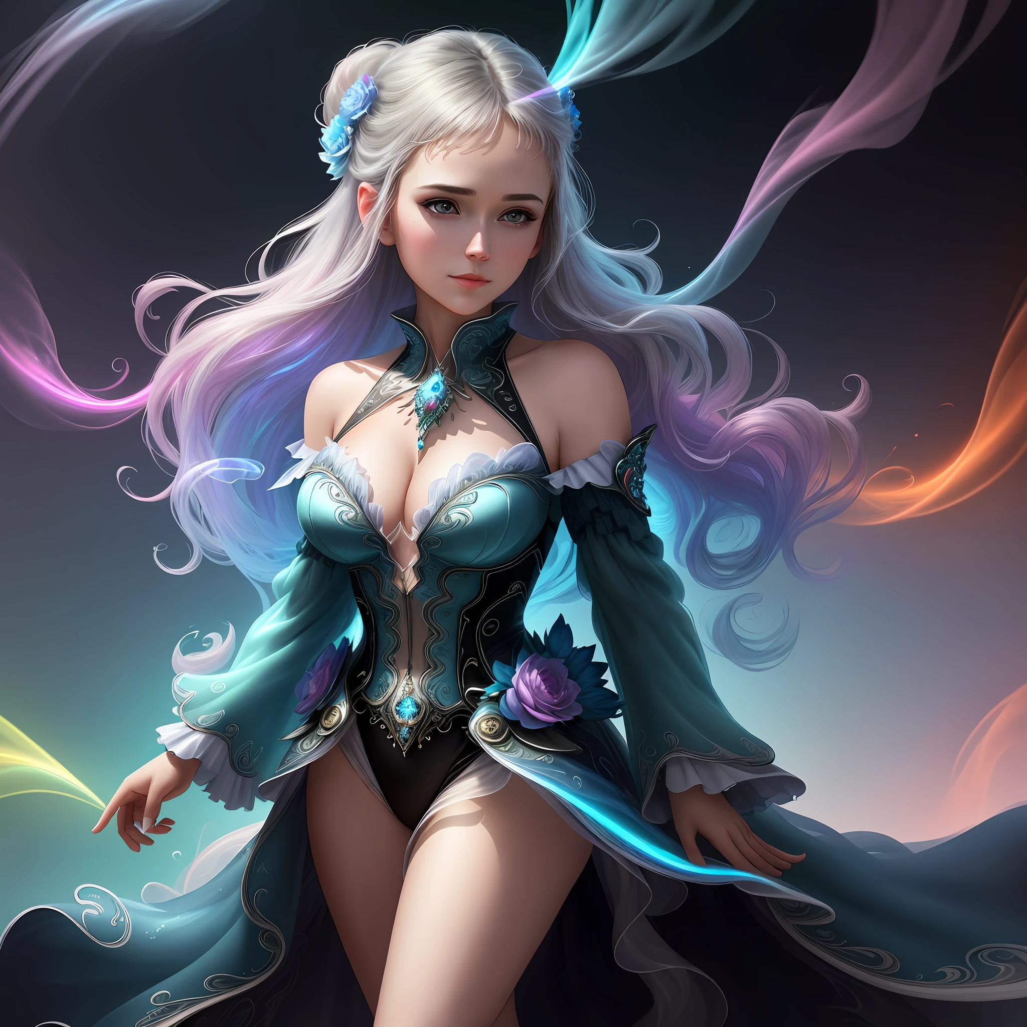 Romantic, Ultra HD, Attractive, Ethereal, Elegant, 1Girl, solo,milf, Beautiful, Flawless, Angelic, Soft Liquid Rainbow Smoke Background, Wind, Fractal Neon Antimatter Finishes, Very Detailed, Trends on Artstation, Clear Focus, Studio Photos, Intricate Details, Very Detailed, by Artgerm, Thomas Kinkade, Anna Dittmann, Gerhard Richter