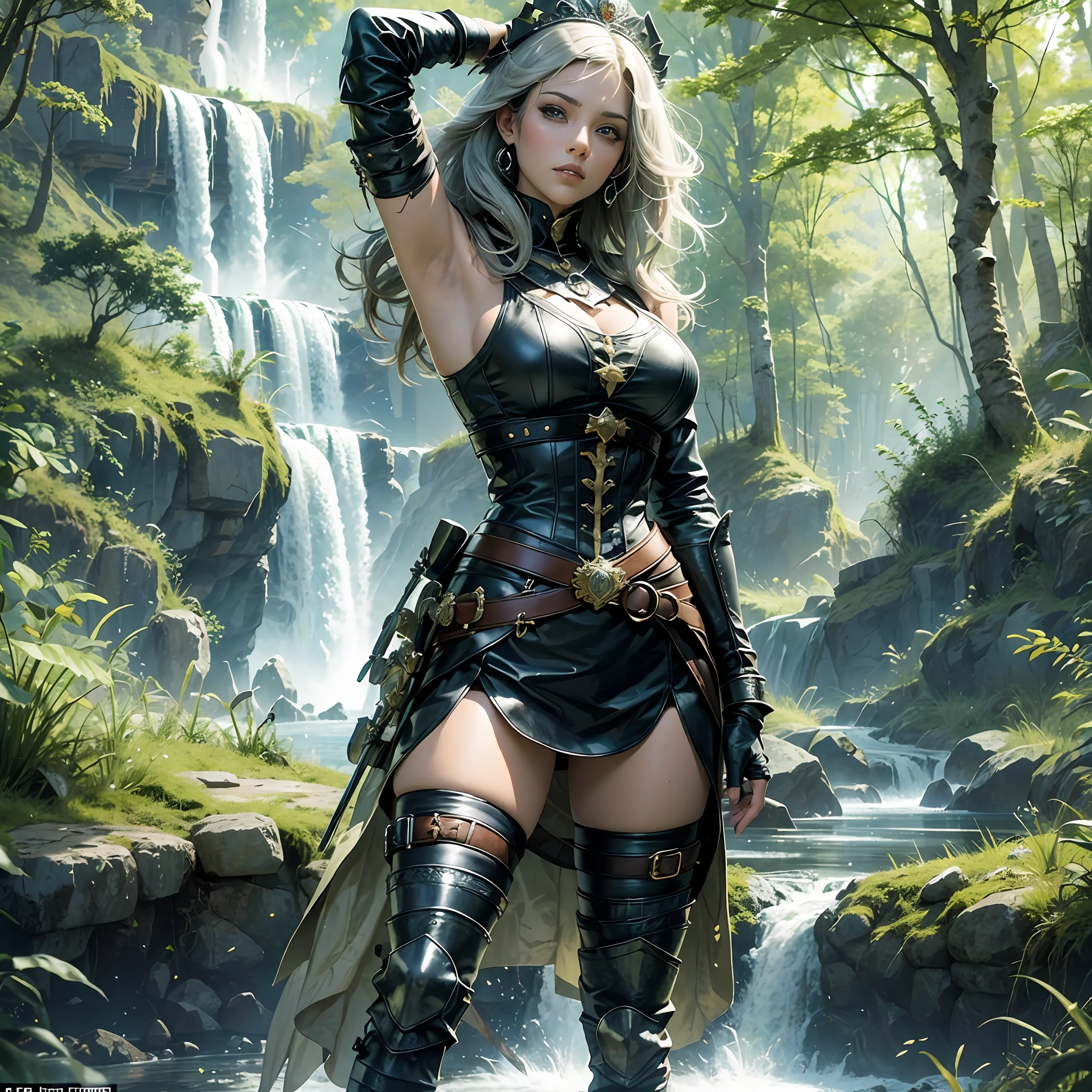 SCOTT THE PRINCESS:
Princess Scott, black, tall stature, medium breasts, strong arms, not wide hips, long thick legs, short hair, piercing black eyes, medieval warrior clothes, detailed leather skirt near the knee, blouse dug and tightened, in her right hand a long sword, in her left hand a round shield, on her head a shiny silver helmet, standing in an attack position, with his back to a waterfall, which formed a large river, with trees and shrubs, on both banks, realistic details --auto --s2