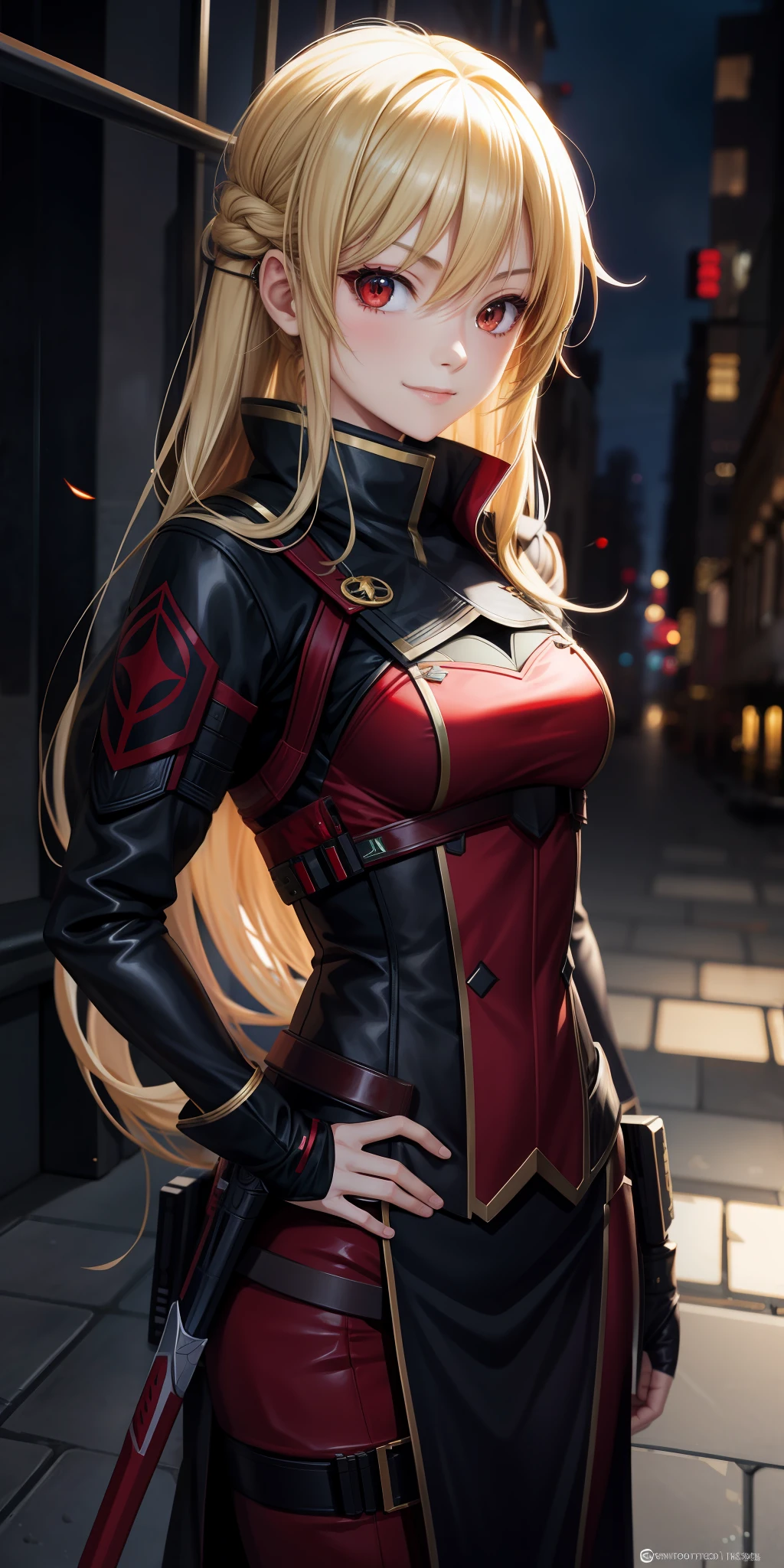 anime, girl single, blonde, red eyes, assassin, assassin, little smile