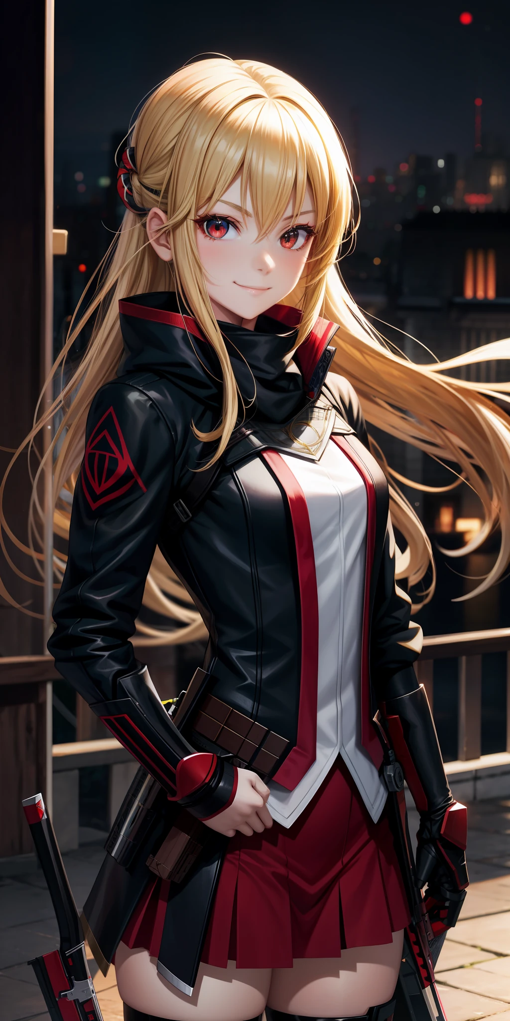 anime, girl single, blonde, red eyes, assassin, assassin, little smile