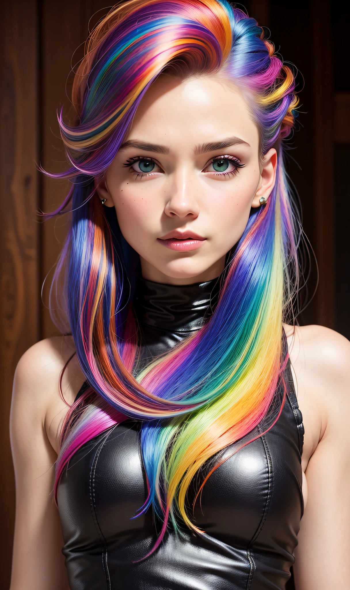 masterpiece, best quality, (realistic, highly detailed), iridescent multicolored hair,