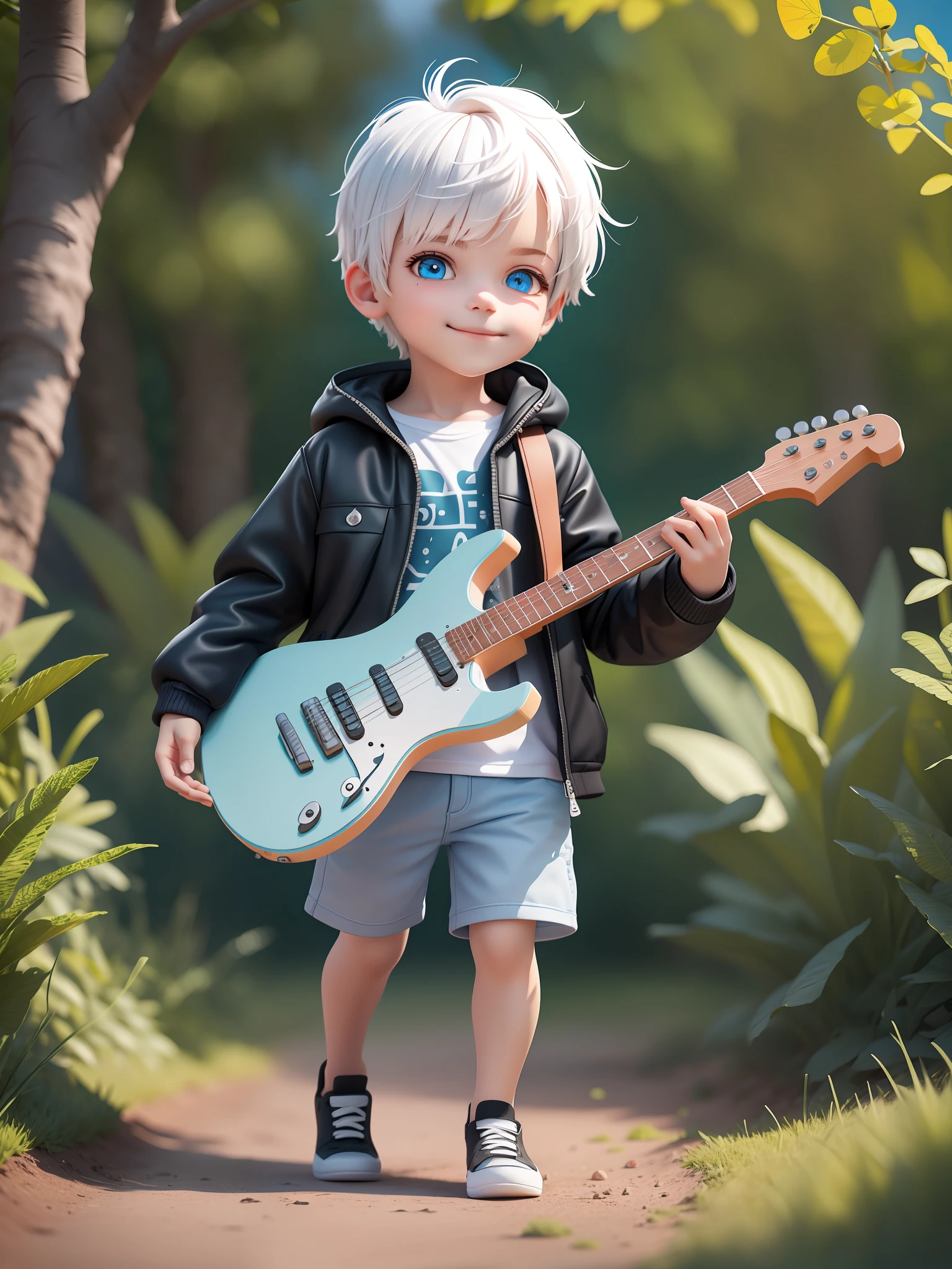 (Masterpiece), (Best Quality), (Super Detail), (Full Body: 1.2), 1 Boy, Chibi, Cute, Smiling, Mouth Closed, Facing Forward, Looking Here, Outdoors, Playing Electric Guitar, Music, Holding Guitar, Blushing Seal, Tree, 3, Jacket, Shirt, Short Cut, White Hair, Light Blue Eyes, Glowing Eyes, (Beautiful Detailed Face), (Beautiful Detailed Eyes), Blur.