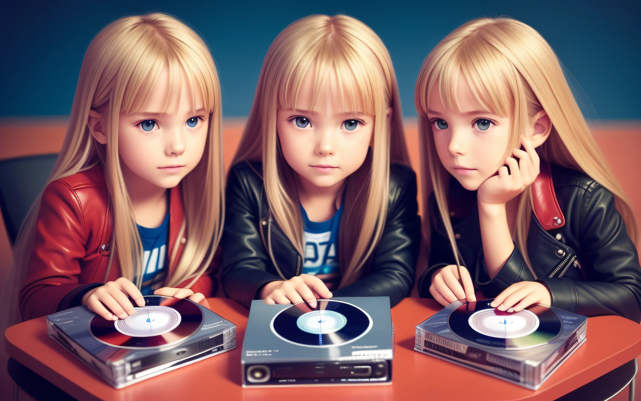 3 GIRLS BLONDE LONG HAIR CHILDREN IN RED LEATHER JACKET, A closeup of a CD and a CD box on a table, Packshot, CDs, CD Jacket, DVD Package, Medium Close Shot, Detailed Product Image, Medium Wide Shot, Medium Closeup, Close Medium Shot, New Boards of Canada album cover, soft vinyl, round format,  Boards of Canada album cover, BLU - Ray Transfer 5 K, Fujifilm"