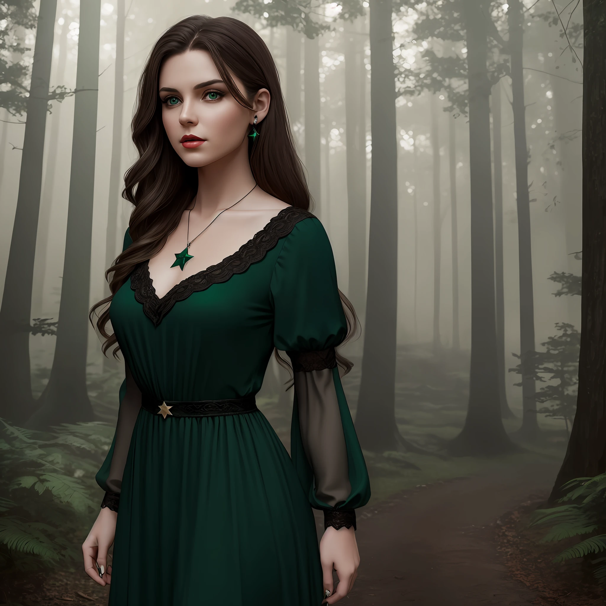 Young American woman with brown hair, dark green eyes with a star-shaped emerald necklace. Red lips. Wearing a long black dress with short sleeves and a simple neckline. Background dark gothic forest with no sunlight and fog. 4k, realistic, better picture.