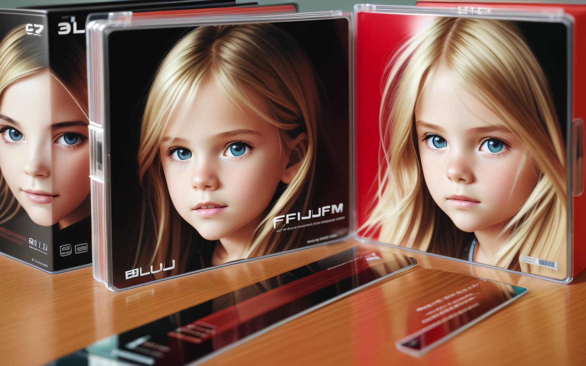 3 GIRLS BLONDE LONG HAIR CHILDREN IN RED LEATHER JACKET, A closeup of a CD and a CD box on a table, Packshot, CDs, CD Jacket, DVD Package, Medium Close Shot, Detailed Product Image, Medium Wide Shot, Medium Closeup, Close Medium Shot, New Boards of Canada album cover, soft vinyl, round format,  Boards of Canada album cover, BLU - Ray Transfer 5 K, Fujifilm"