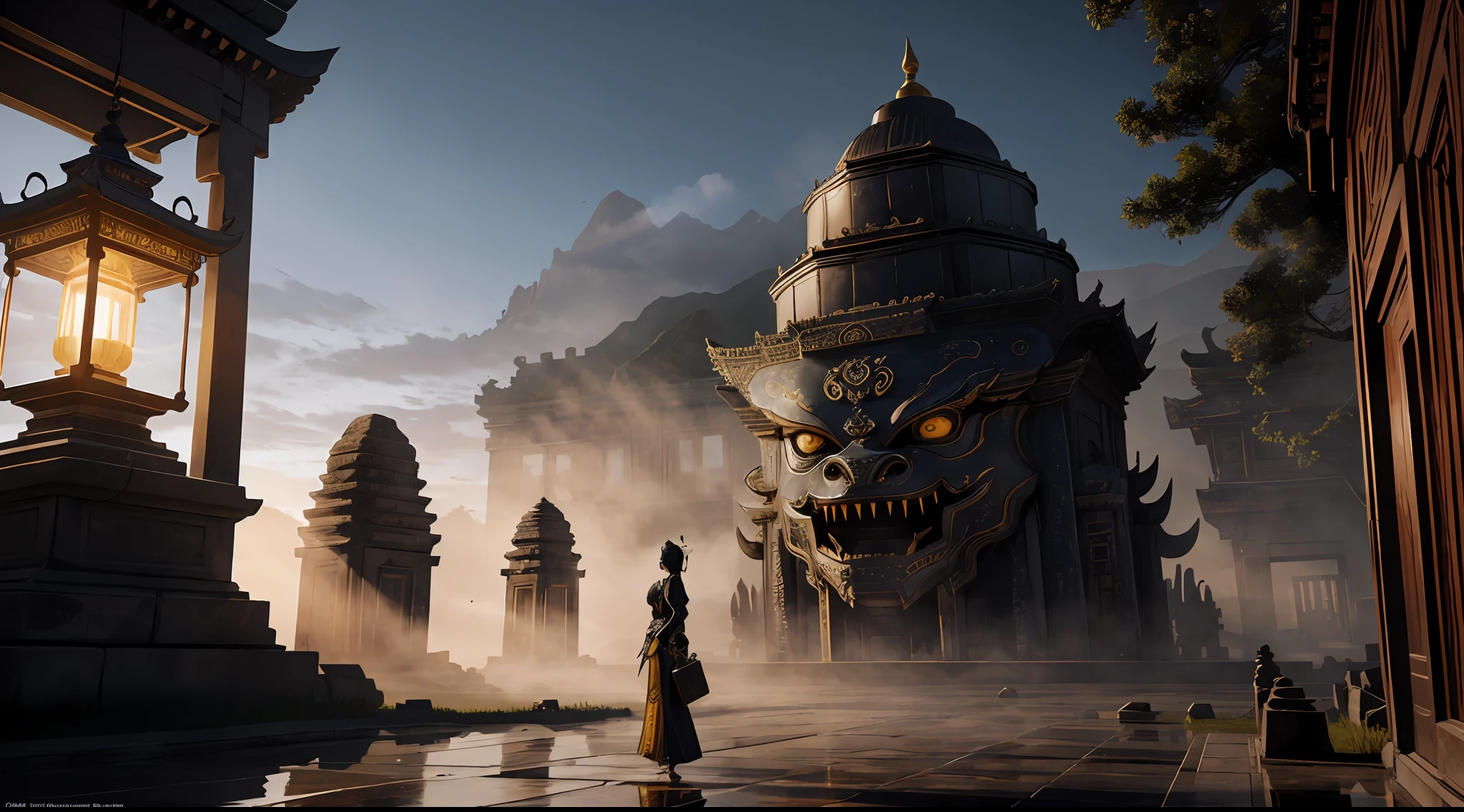 absurd, realistic lighting, (abyss) masterpiece, high quality, beautiful graphics, high detail, dressed woman, extremely refined and beautiful, amazing, fine detail, masterpiece, hyper-detail, high resolution, (best illustration), (best shadow), intricate, ancient landscape, thousand hands bodhisattva, temple, (mysterious black fog), journey to the west, ((corpse), ((ancient monster)), (ruins), (battlefield), (blood stain), glazed tiles, Buddha statue, lantern,