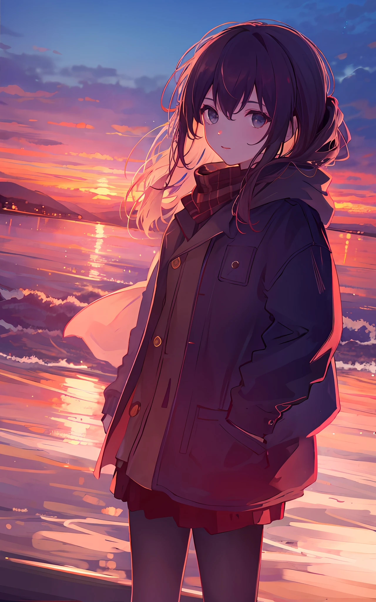 1girl, sunset,