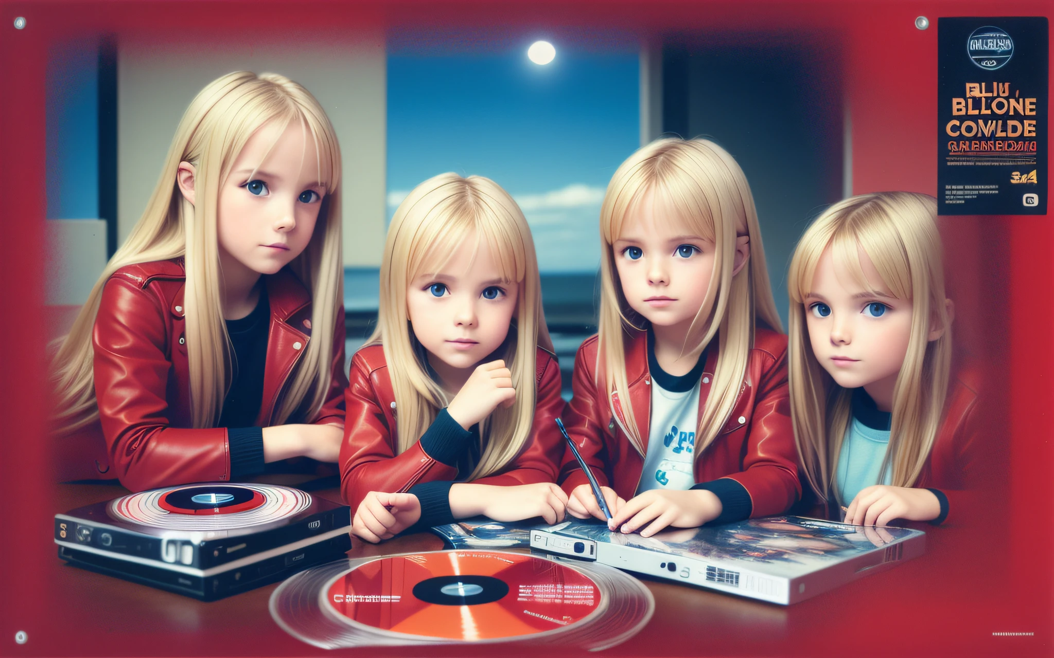 3 GIRLS BLONDE LONG HAIR CHILDREN IN RED LEATHER JACKET, A closeup of a CD and a CD box on a table, Packshot, CDs, CD Jacket, DVD Package, Medium Close Shot, Detailed Product Image, Medium Wide Shot, Medium Closeup, Close Medium Shot, New Boards of Canada album cover, soft vinyl, round format,  Boards of Canada album cover, BLU - Ray Transfer 5 K, Fujifilm"