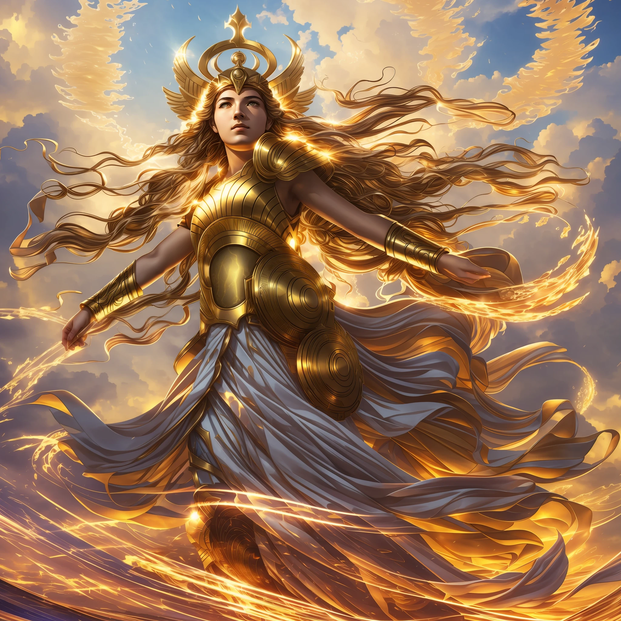 ultra-detailed CG unit 8k wallpaper, masterpiece, best quality), better lighting, better shadow, (long curly hair), floating, (God athena: 1.1), high resolution, dynamic angle, pose looking forward, would be seductive, (war scenario) (war) (devastated), armor robes, golden sandals, (Olympus), (sentanda, throne made of , (fluid hair: 0.9), , sky, low saturation, vignette filter (Olympus: 1.2)