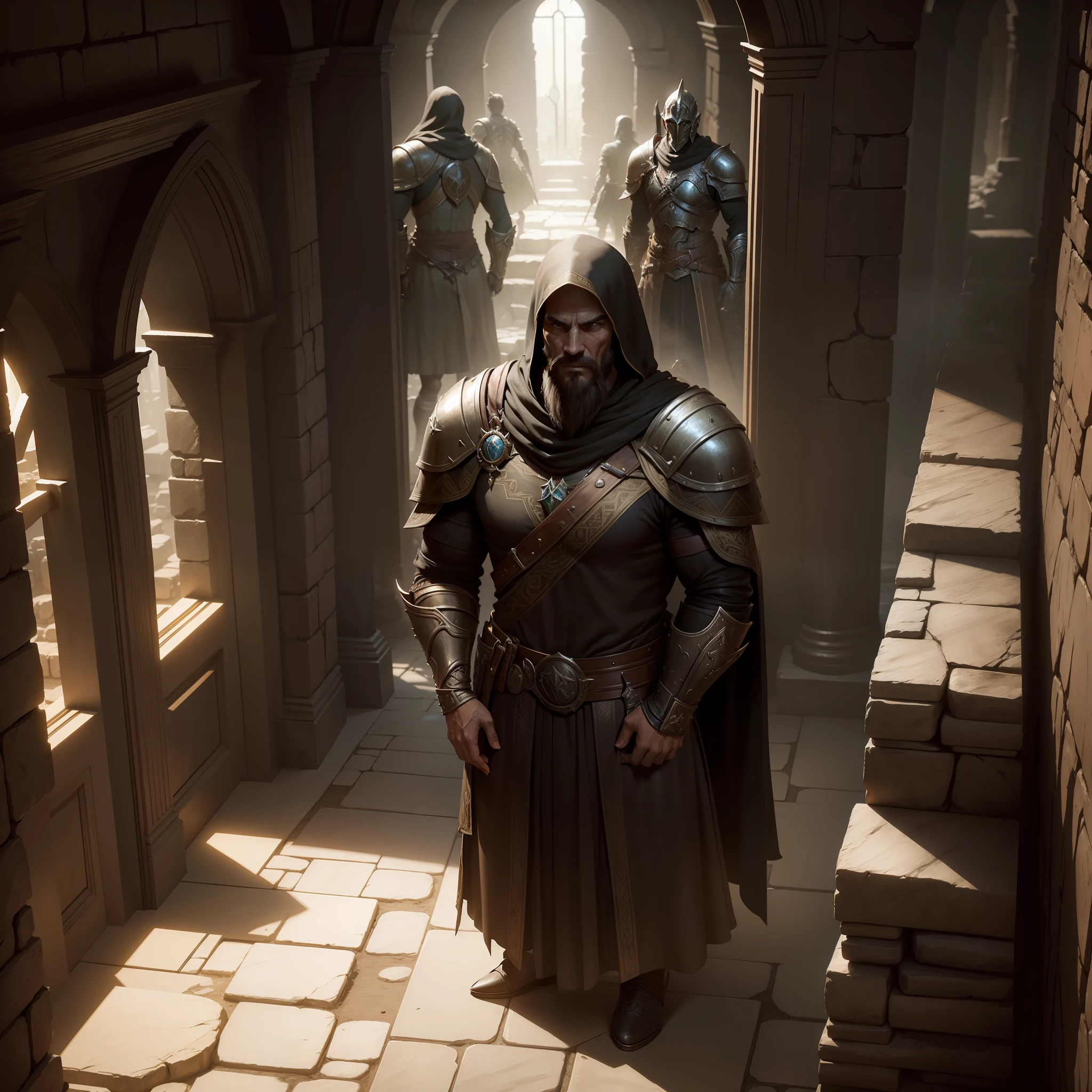 A closeup of a group of people standing in a room, all elegant RPG scene, ancient ruins of Skyrim's thieves' guild, entrance to an ancient dungeon, detailed textures and lighting