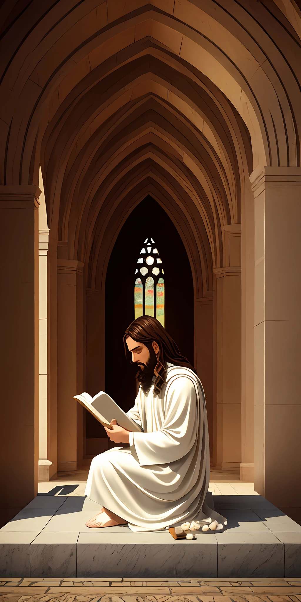 Jesus sitting on a stone reading the Bible alone, fluid image, better shadow, better quality, masterpiece, beautiful environment, Iten_Livro Bible:0.8, Modern clothes, realistic, soft contrast, Christian sacred sanctuary environment