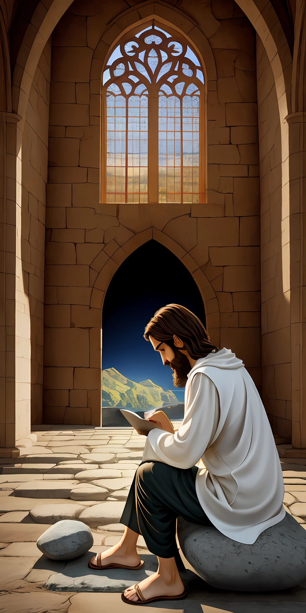 Jesus sitting on a stone reading the Bible alone, fluid image, better shadow, best quality, masterpiece, beautiful environment, Iten_Livro Bible:0.8, Modern clothes, realistic, soft contrast, Christian sacred sanctuary environment, realistic.