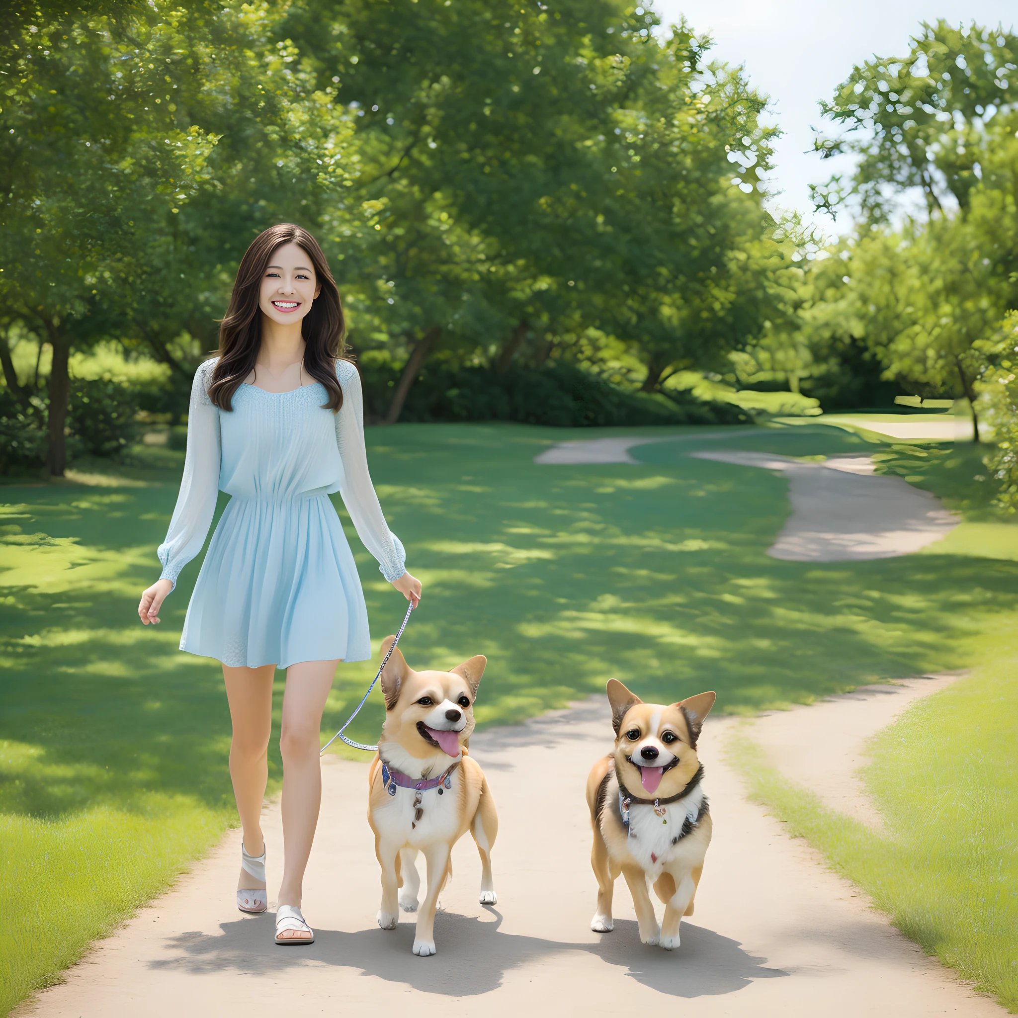 (masterpiece, high resolution, realistic, 8K:1.2), highly detailed texture
break
(1 girl, full body: 1.5), Japan people, very beautiful girl, 16 years old, wide shot,
break
(Charleston dress: 1.2), black-haired,
BREAK
medium-haired, angelic smile, A beautiful girl is walking with a small chihuahua on a leash
She is smiling with her mouth open, summer,
break
(Brown puppy long-coat Chihuahua: 1.2), very adorable face, beautiful appearance with well-defined body parts, small Chihuahua is happy to raise his paw towards the girl
break
Beautiful park with natural light, vast lawn, sunshine, daytime, blue skyBREAK