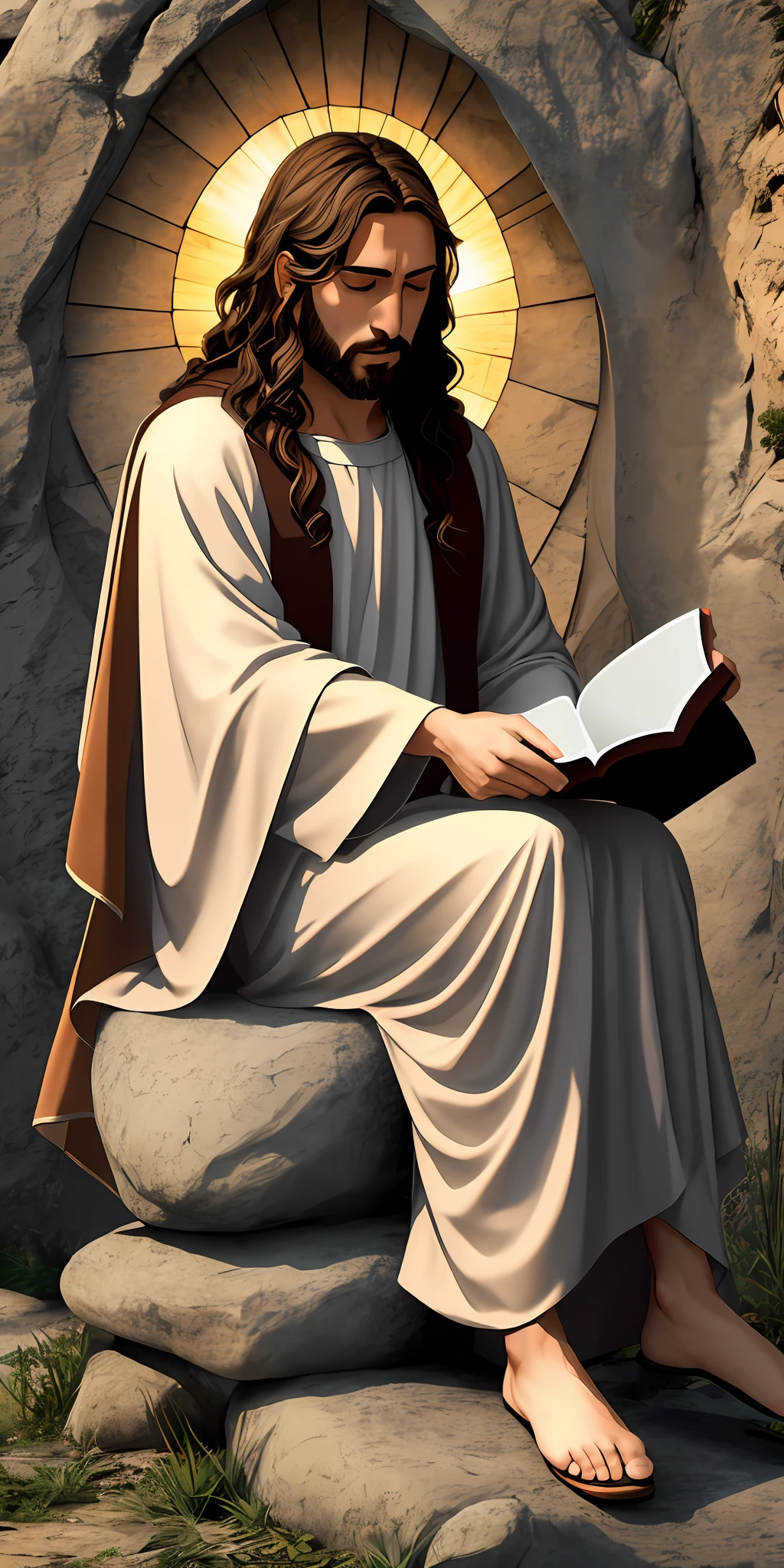 Jesus sitting on a stone reading the Bible alone, fluid image, better shadow, best quality, masterpiece, beautiful environment, Iten_Livro Bible:0.8, Modern clothes, realistic, soft contrast, Christian sacred sanctuary environment, realistic.