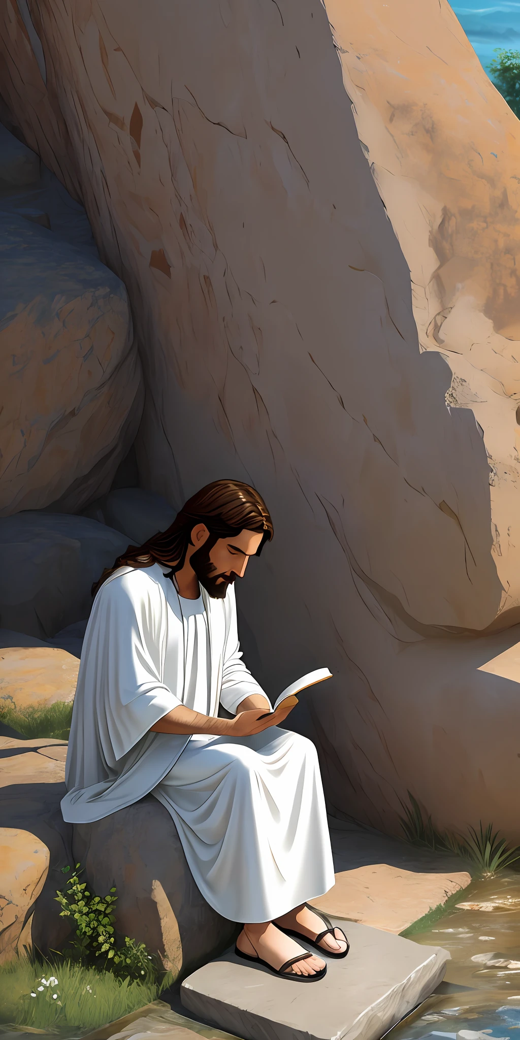 Jesus sitting on a stone reading the Bible alone, fluid image, better shadow, best quality, masterpiece, beautiful environment, Iten_Livro Bible:0.8, Modern clothes, realistic, soft contrast, Christian sacred sanctuary environment, realistic.
