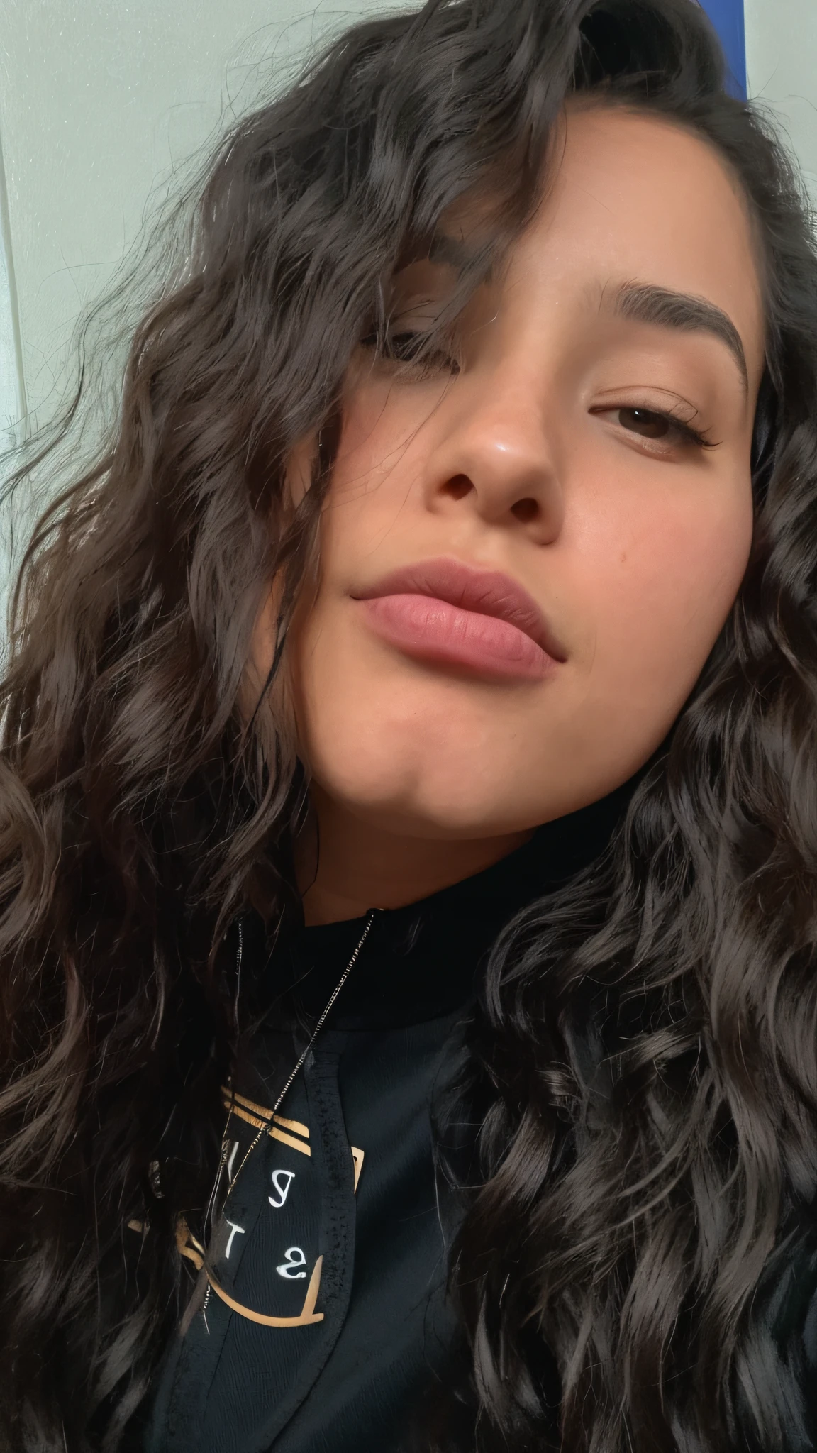 There is a woman with long hair and black shirt, thick lips, no makeup wavy hair, profile picture, enlarged neck from lips down, selfie of a young woman, closed face, cynthwave, split lips, headshot profile picture, high quality 4K image, her face framed with curls, small lips pointed nose