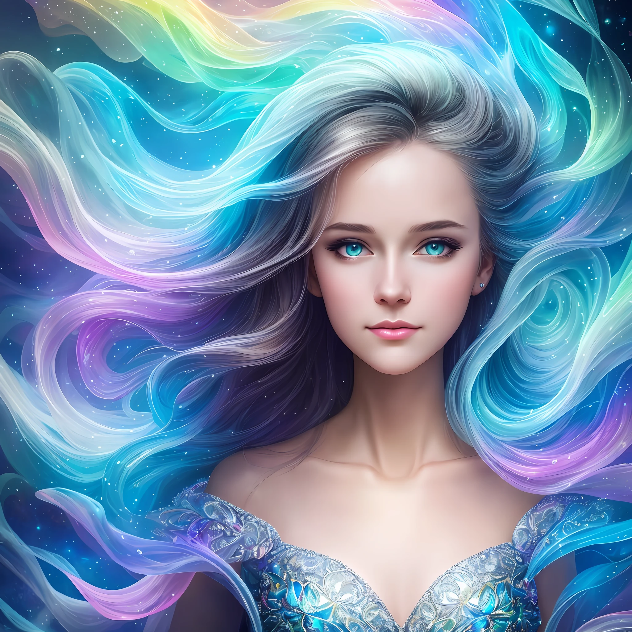 Romantic, Ultra HD, Attractive, Ethereal, Elegant, 1Girl, solo,milf, Beautiful, Flawless, Angelic, Soft Liquid Rainbow Smoke Background, Wind, Fractal Neon Antimatter Finishes, Very Detailed, Trends on Artstation, Clear Focus, Studio Photos, Intricate Details, Very Detailed, by Artgerm, Thomas Kinkade, Anna Dittmann, Gerhard Richter