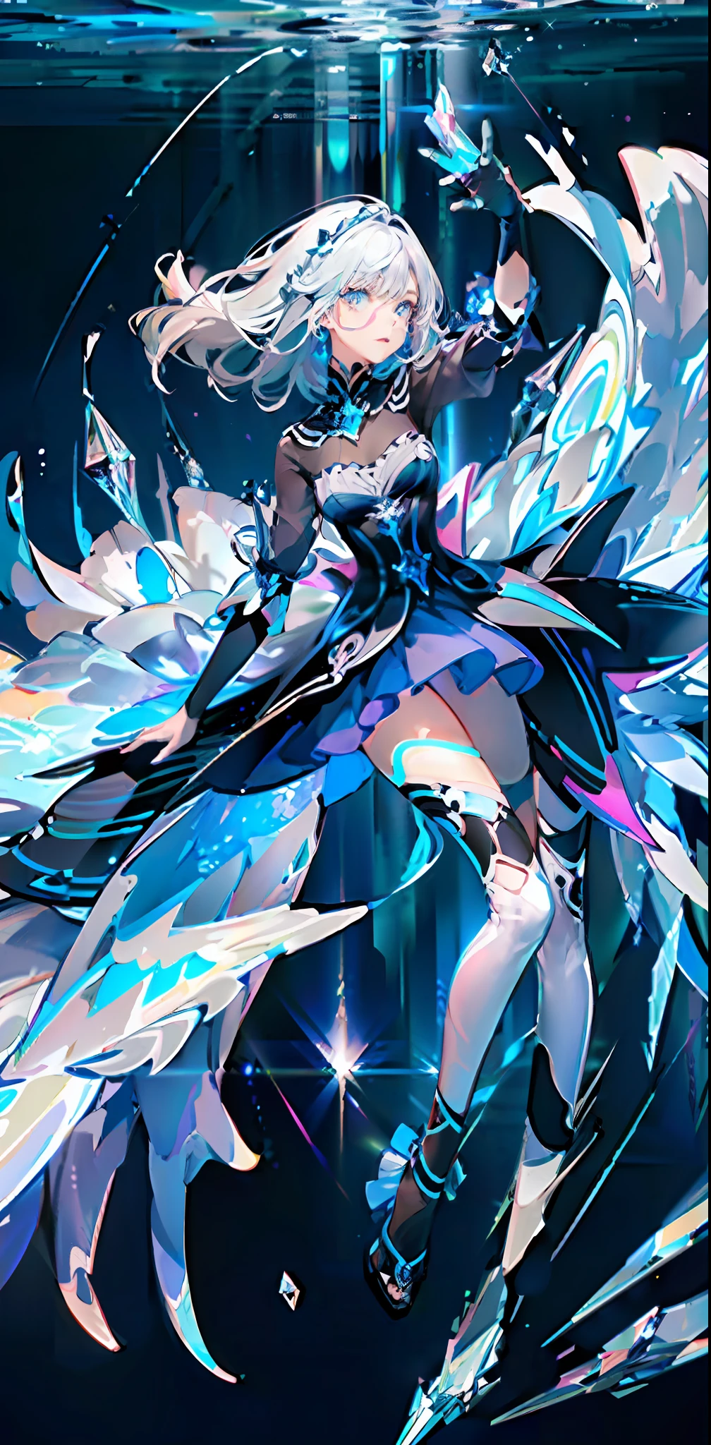 Center view, Dynamic Pose, Rich background composition, Water, Crystal, Gemstone, Glow, Aurora, Girl, Fantastic, Ultra High Definition, Various colors, Blue, Space, Sky, Black/White hair, Masterpiece, High quality, Lighted character sheet, Concept art, Full body