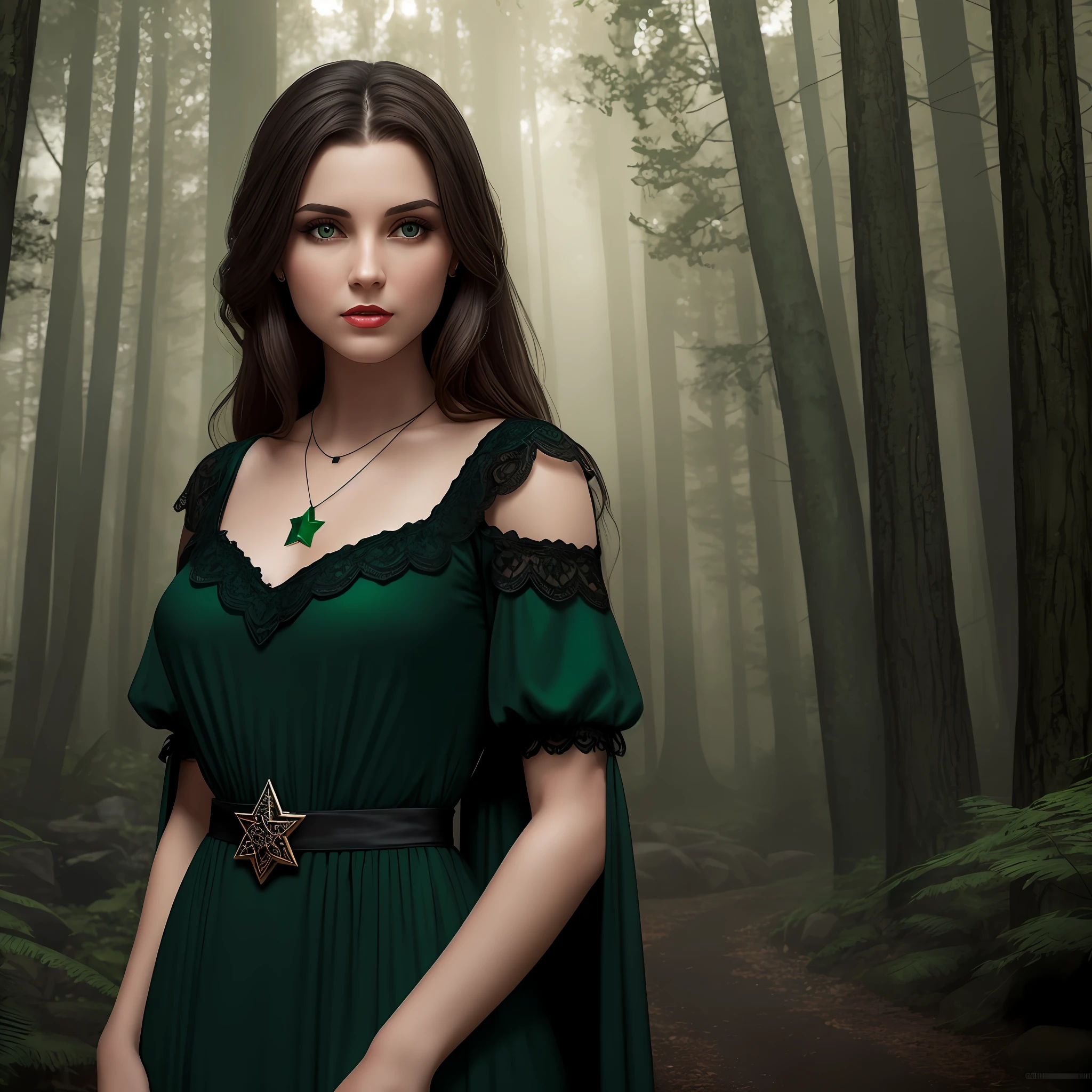 Young American woman with brown hair, dark green eyes with a star-shaped emerald necklace. Red lips. Wearing a long black dress with short sleeves and a simple neckline. Background dark gothic forest with no sunlight and fog. 4k, realistic, better picture.