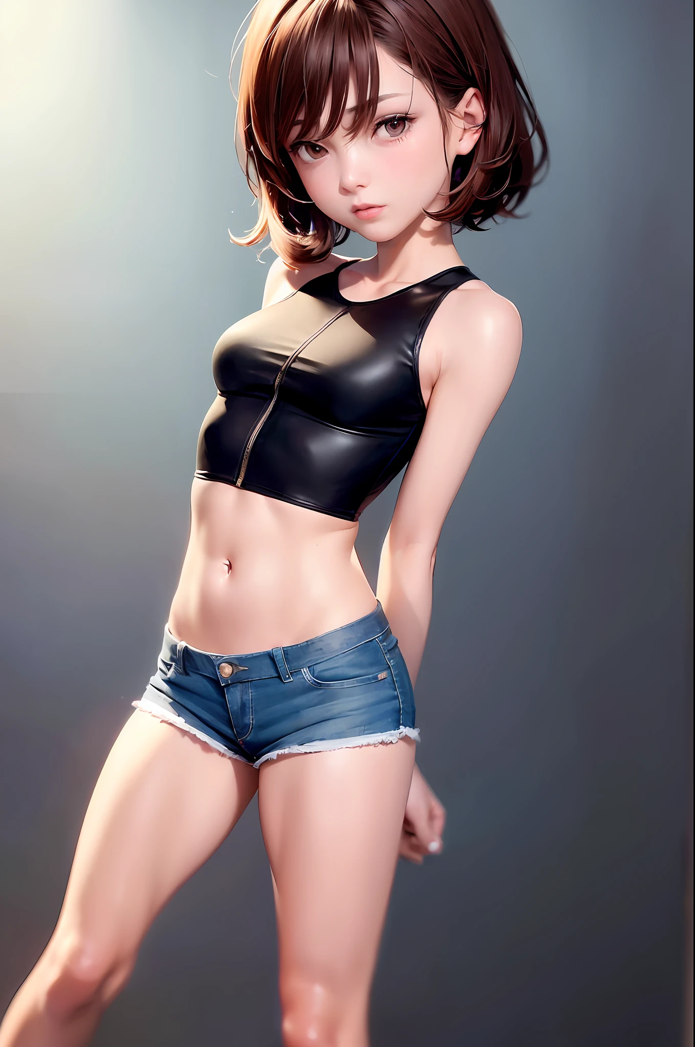 ((mid-breasted, tomboyish, head small)), (chiseled abs: 1.1), (perfect body: 1.1), (short wavy hair: 1.2), chestnut hair, chain, full body shot, spa, nude, hairless, (((shorts)), (very detailed CG 8k wallpaper), (very delicate and beautiful), (masterpiece), (best quality: 1.0), (ultra high definition: 1.0)
