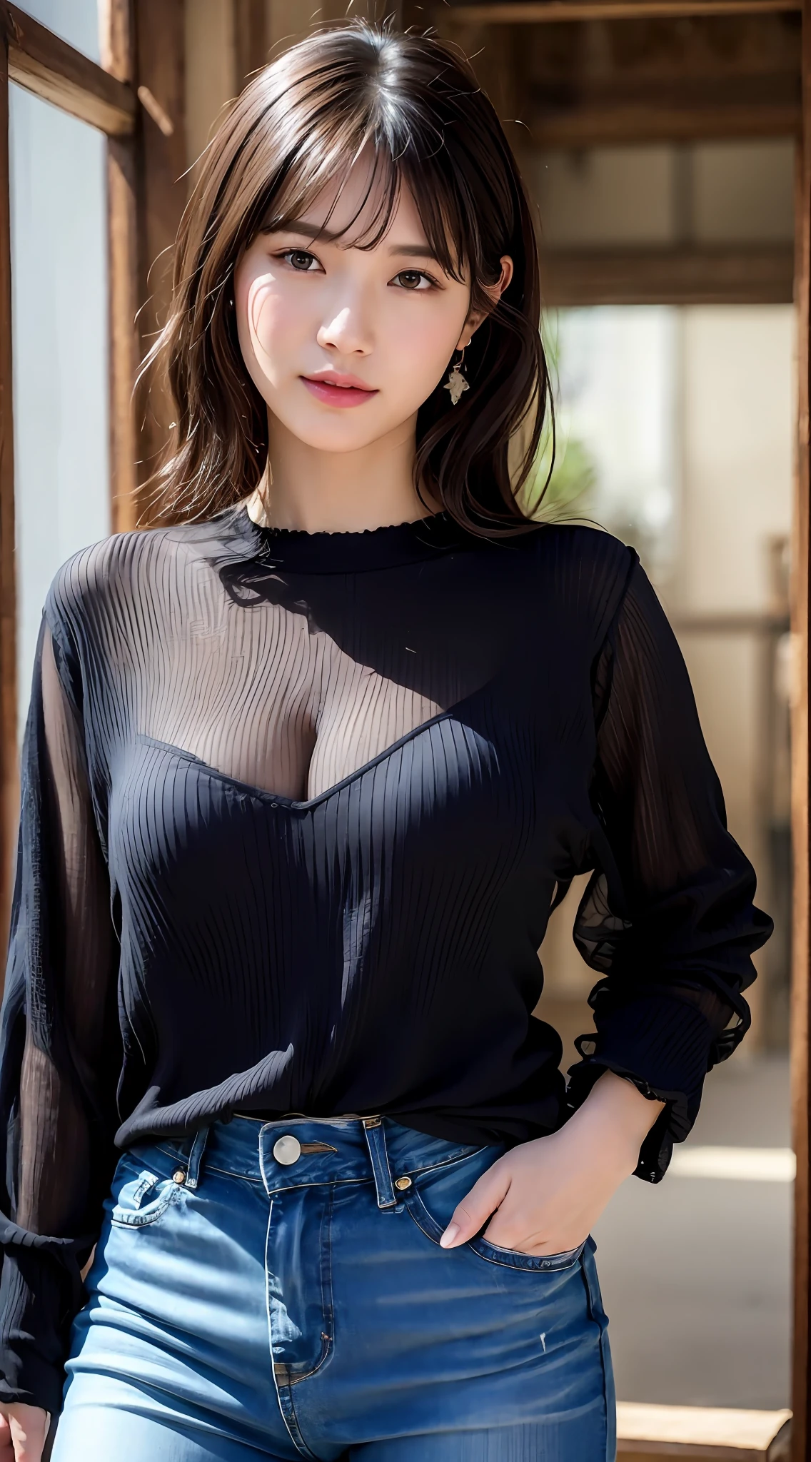 (8k, RAW photos, top quality, masterpiece: 1.2), ultra detailed, super resolution, (real, real photos: 1.37), portraits, high definition RAW color photos, professional photos, very detailed and beautiful, highly detailed, 8k wallpapers, amazing details, huge file size, official art, highly detailed CG Unity 8k wallpapers, highly detailed beautiful girls, highly detailed facesHighly detailed eyes, highly detailed skin, highly detailed fingers, highly detailed nose, highly detailed mouth, perfect anatomy, detailed background, detailed clothes, one girl, (20:1.2), 20s, cute girl, realistic body, petite, white skin, radiant skin, slim body, handsome body, black hair, short hair, (dull bangs: 1.2), smile, cute, youthful, cute face, realistic face, Delicate eyes, sagging eyes, jeans, G-jeans, see-through, earrings, camera gaze, cowboy shot, front-facing, standing posture, contrapposto, dynamic pose, C cup breasts, cowboy shot