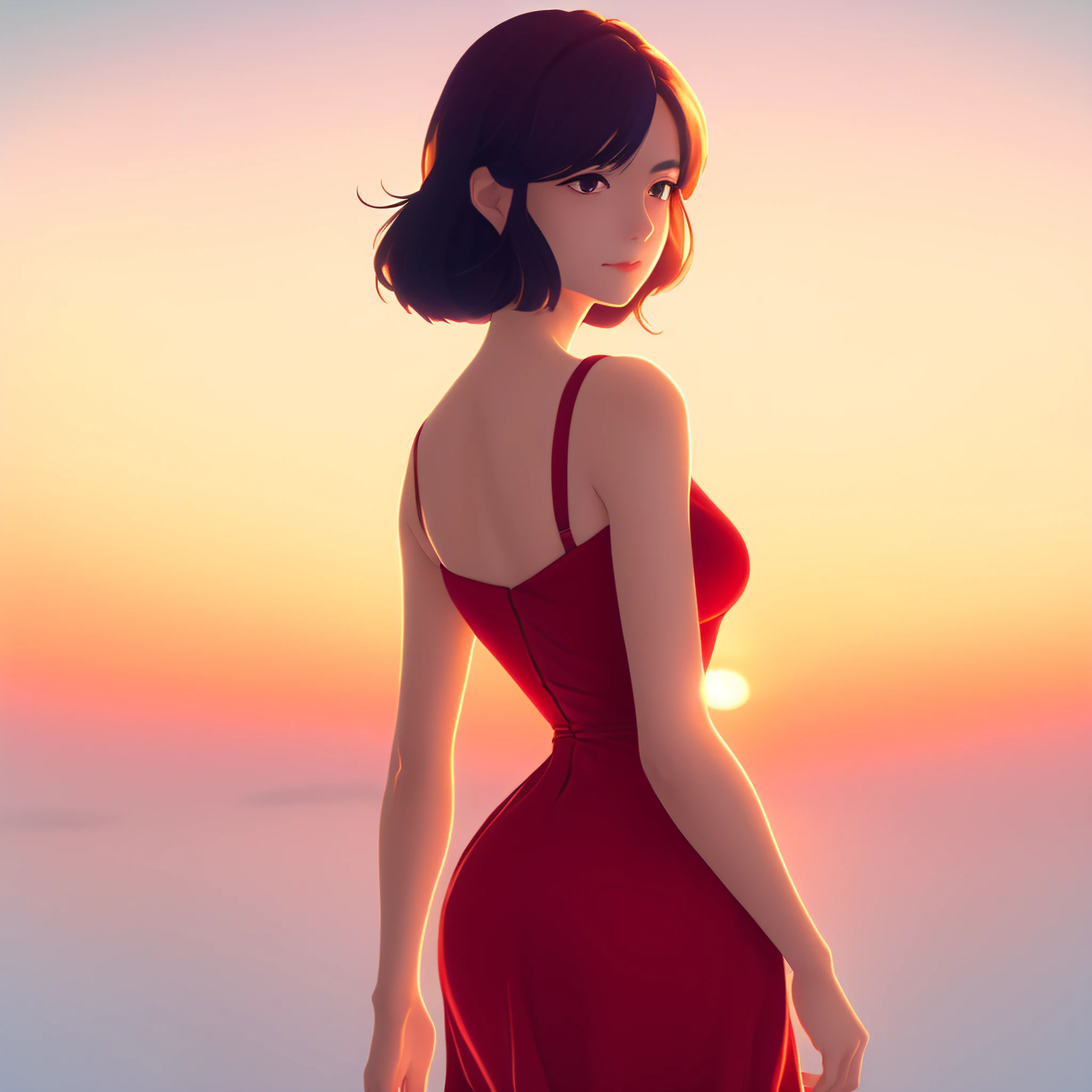 Anime, Pretty Woman in Red Dress, stares to the Sunset Horizon, anime scenery by Makoto Shinkai and Studio Ghibli. 8k, sharp high quality anime illustration in style of ghibli, artstation, concept art by WLOP, Rossdraws, James Jean, Andrei Riabovitchev, Marc Simonetti, and Sakimichan, trending (to8highkey:1)