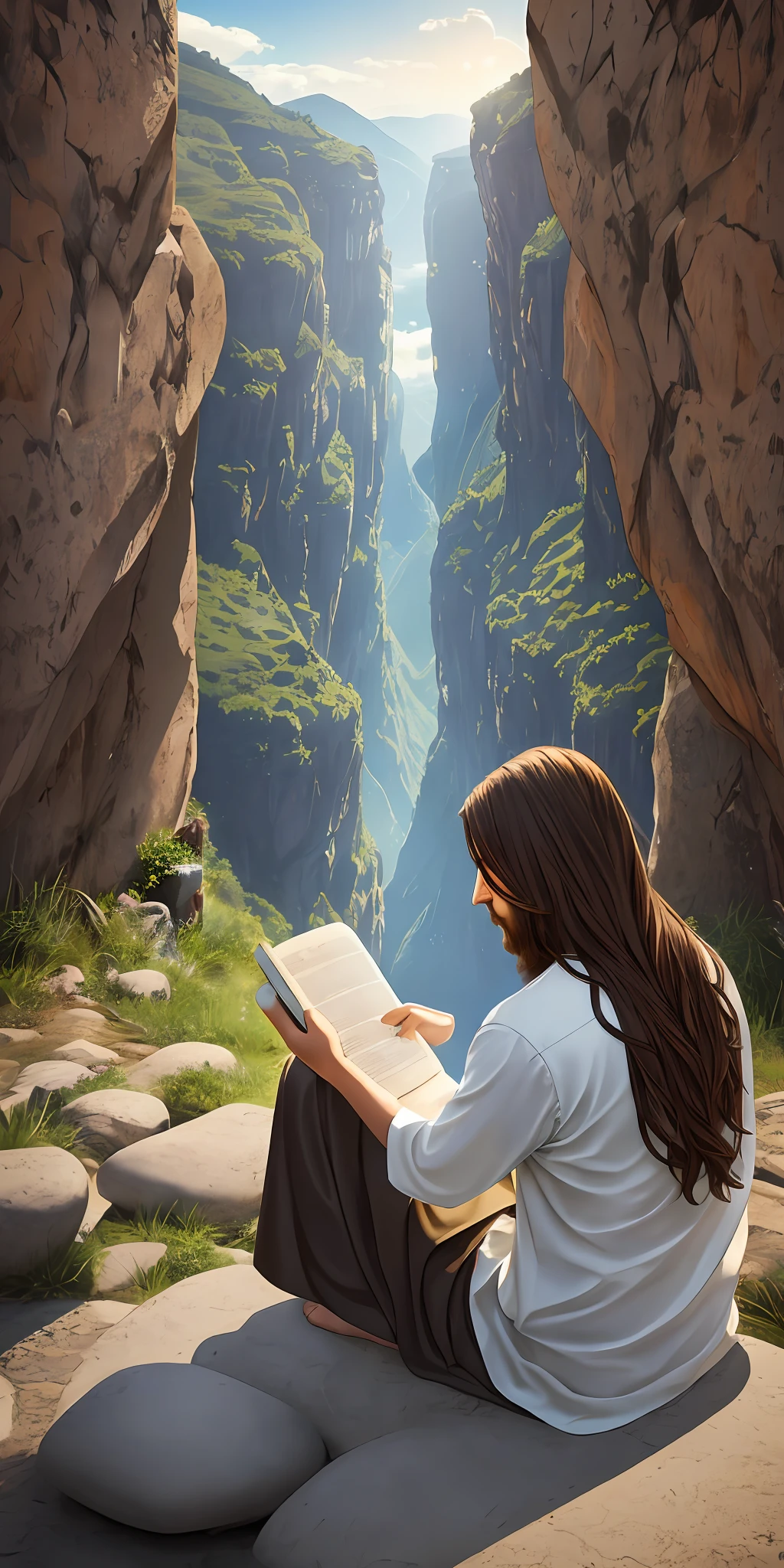 Jesus sitting on a stone reading the Bible alone, fluid image, better shadow, better quality, masterpiece, beautiful environment, Iten_Livro Bible:0.8, Modern clothes, realistic, soft contrast, Christian sacred sanctuary environment
