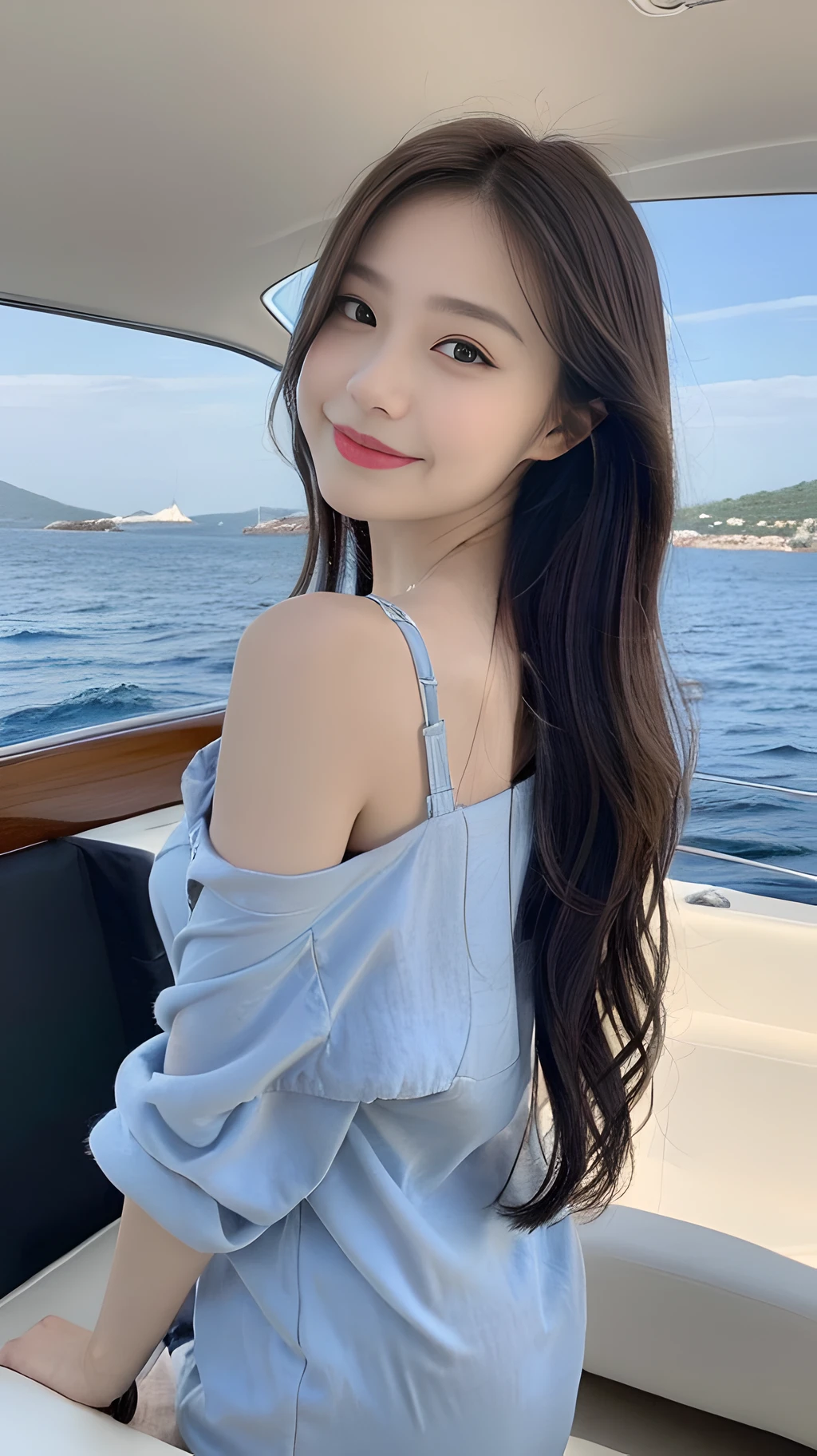 ((Best Quality, 8K, Masterpiece: 1.3)), , Focus: 1.2, Perfect Body Beauty: 1.4, Buttocks: 1.2, ((Layered Haircut: 1.2)), (Dark Street: 1.3), Highly Detailed Face and Skin Texture, Full Body, Fine Eyes, Double Eyelids, Whitened Skin, Long Curly Hair, (Round Face: 1.5), (Casual Top Summer Cool: 1.6). Smile Standing on a yacht in the sea and looking at the sea