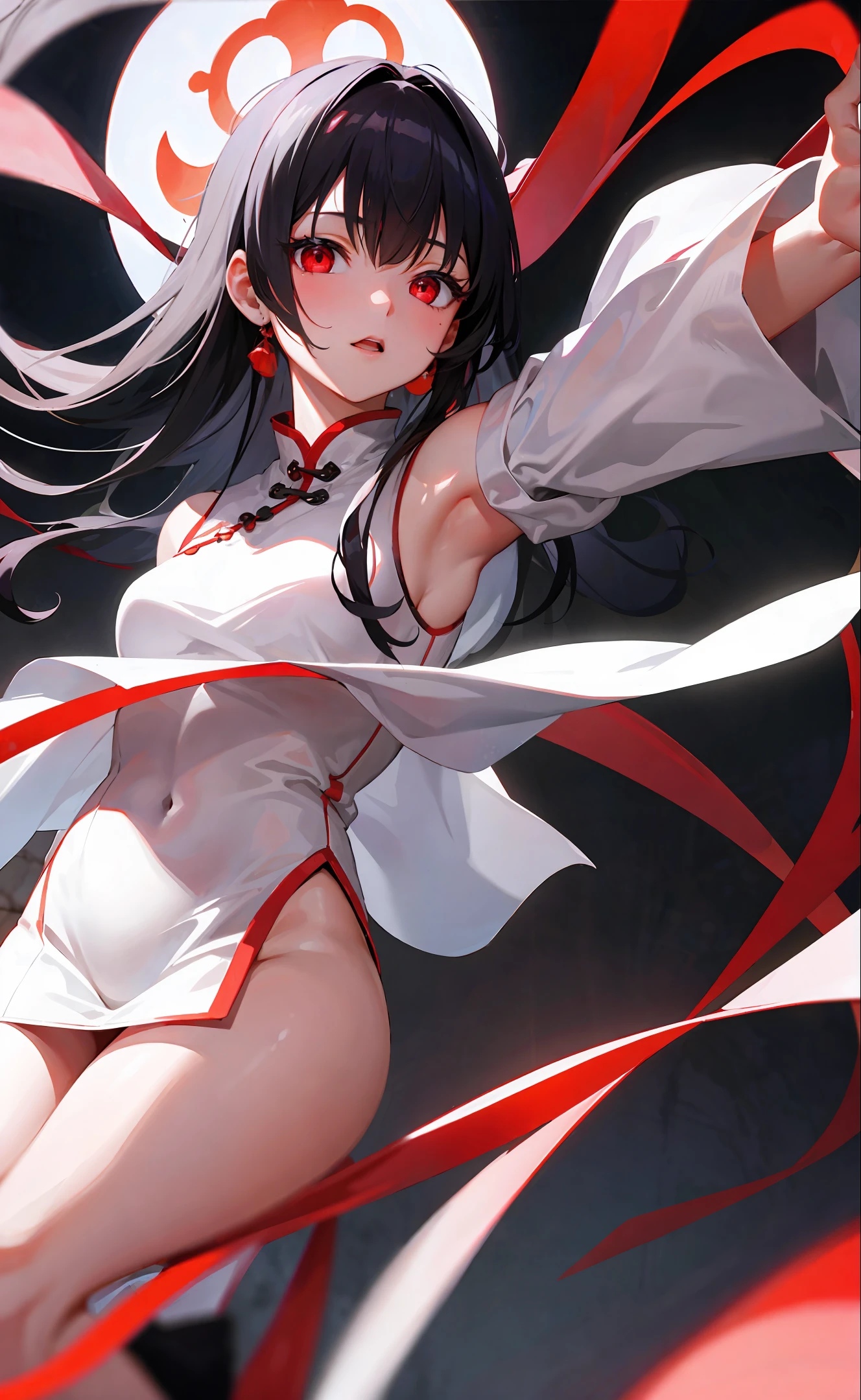 8k ultra-clear anime wallpaper, white silk cheongsam, black hair and red eyes, showing