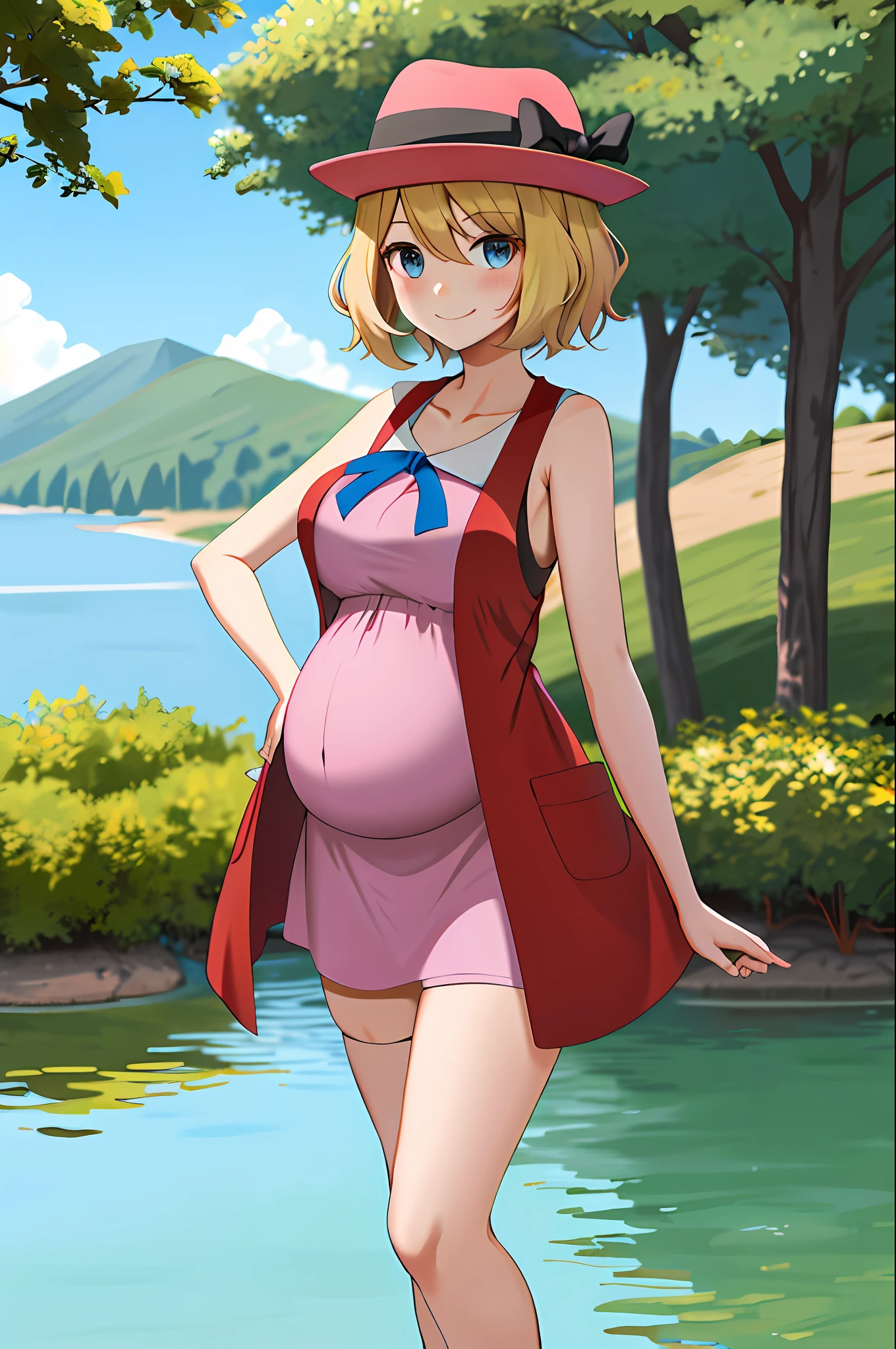 masterpiece, best quality, highres, serene \(pokemon\), short hair, blue eyes, 1girl, solo, blue ribbon, eyelashes, black thighs, neck ribbon, sleeveless, bangs, collarbone, bare arms, pink dress, red coat, pink hat, outdoor, standing by a lake, peace_sign, pregnant, blushing, smile, long stockings, black stockings, mid-thigh stockings, medium-sized female breasts, cleavage, large and rounded belly, advanced pregnancy.