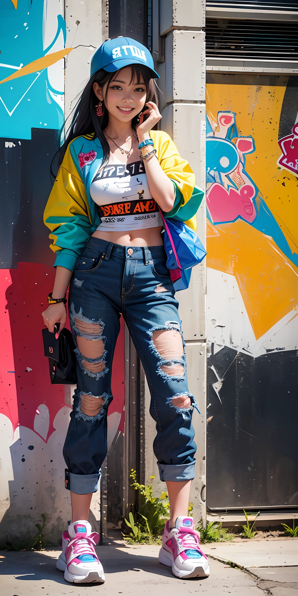 super smile, laughter, 1 girl, 8k quality, masterpiece, best quality, solo, high resolution, street art, dopamine dressing, loose clothing, colorful accessories, jewelry, perfect combination of trend and street, flat model, dopamine pants, summer, sexy face shape, ether, packaging bag, newspaper, graffiti, sticker, creative