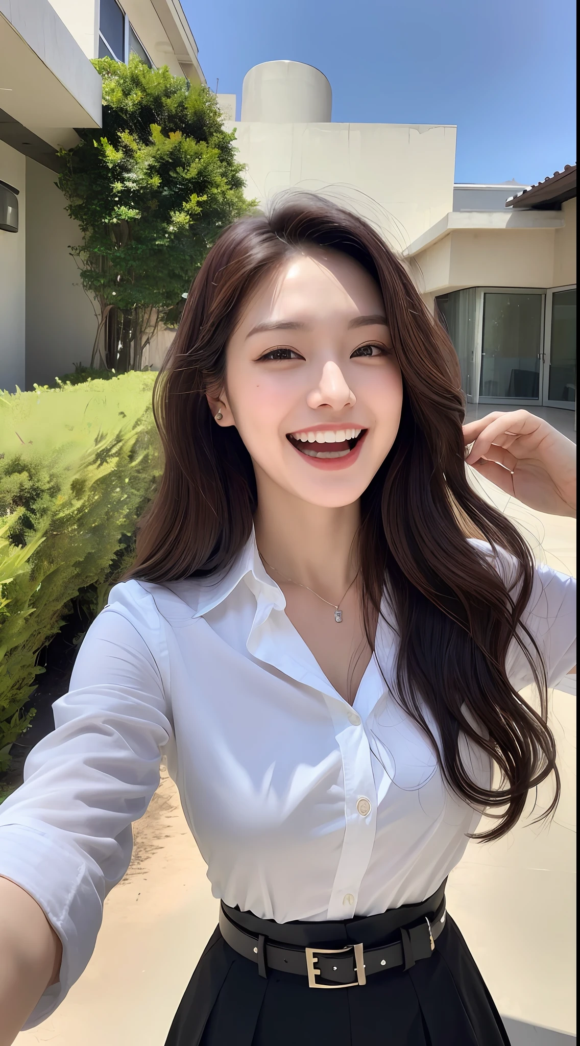 Laughing expression, (top quality, high resolution, masterpiece: 1.3), tall and cute woman, slender abs, dark brown hair styled with loose waves, chest, wearing pendant, white button-up shirt, belt, black skirt, (modern architecture in the background), exquisitely rendered details on face and skin texture, detailed eyes, double eyelids