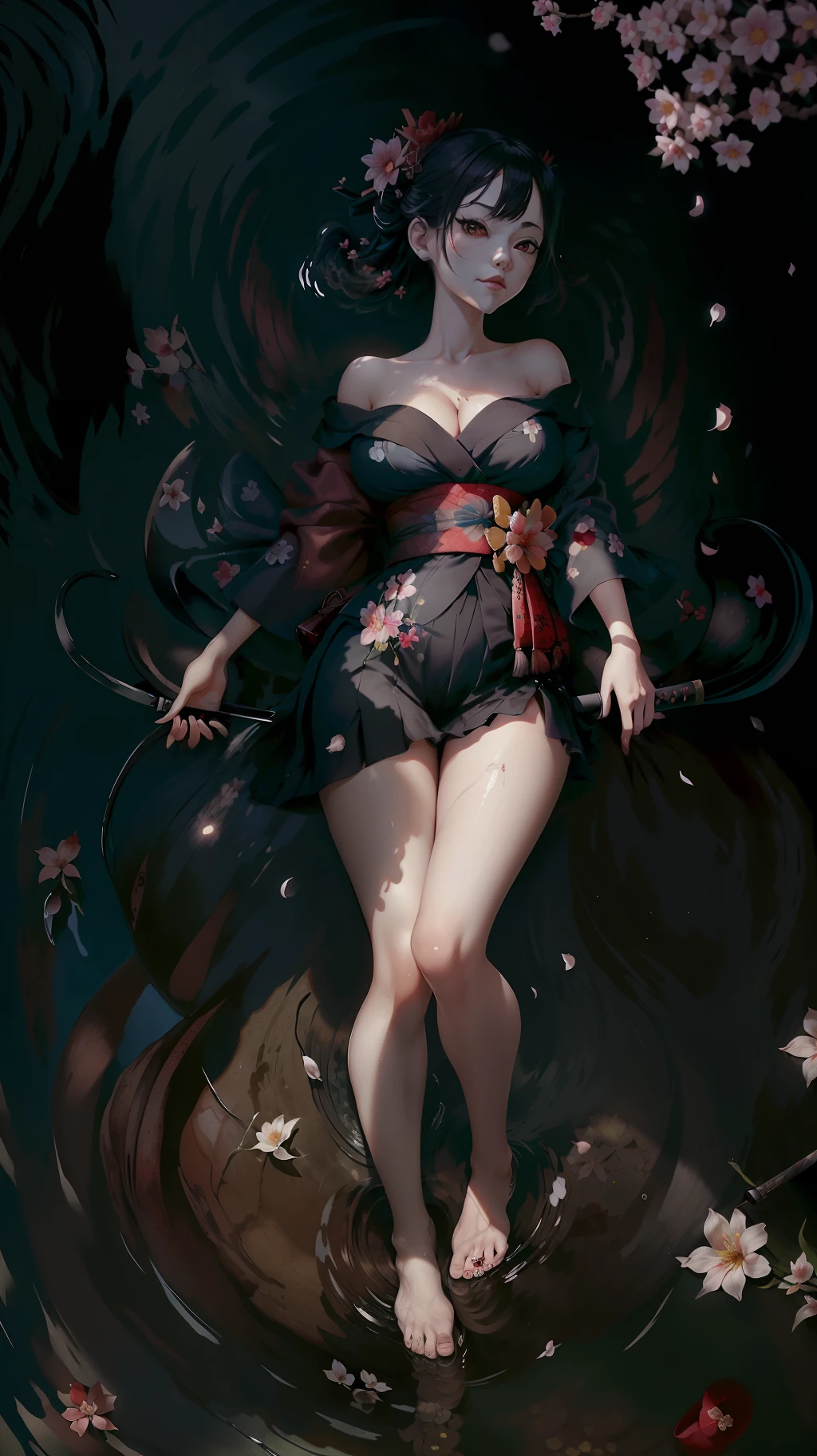 girl,geisha,killer,(mídia_tradicional,illustration:1.4),flowers in hair,kimono,wielding katana,large breasts, off shoulder, (olhos_detalhados),eyes of fury,fighting pose,(masterpiece,detailed,high resolution,cinematic,atmospheric:1,4), (hotify:0,6), full body, suspense, cherry tree in the background, cherry tree petals flying, looking at viewer, stone floor with puddles of water,