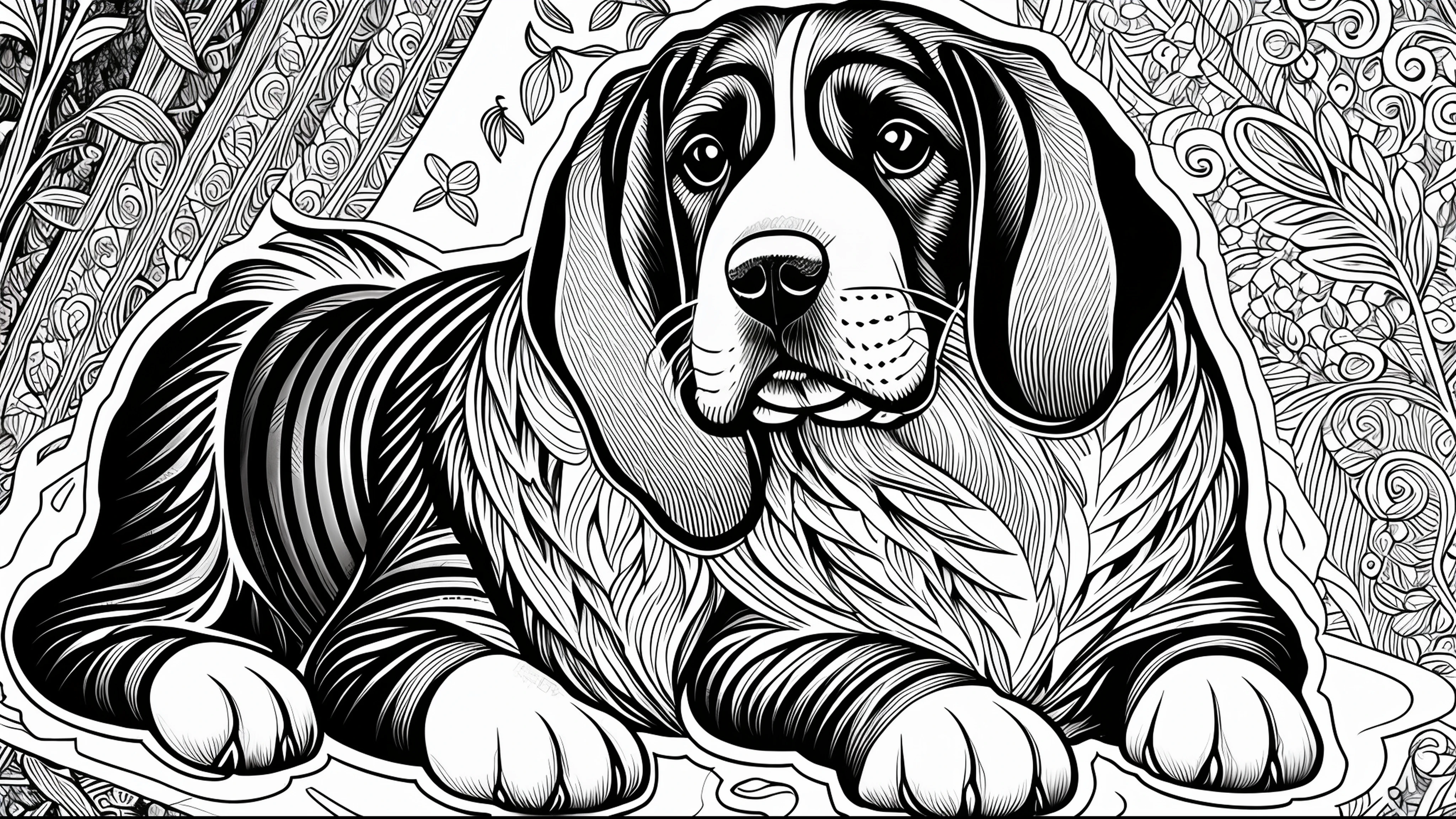 Highly detailed, coloring book style, Basset Hound, Chinese, monochrome